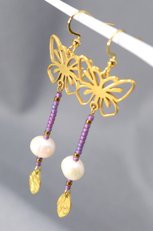 Bohemian Earrings with Gold Butterfly, Pearl Bead, and Golden Leaf by Estibela Design - 7cm - 2.8". Fashion-forward.