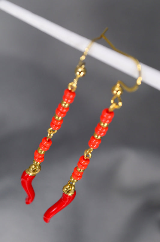 Red Bead Drop Earrings by Estibela Design: Handcrafted,  Sexy, and Fashion-Forward, Perfect for Parties, Dates, or Casual Look. 7cm - 2.8"