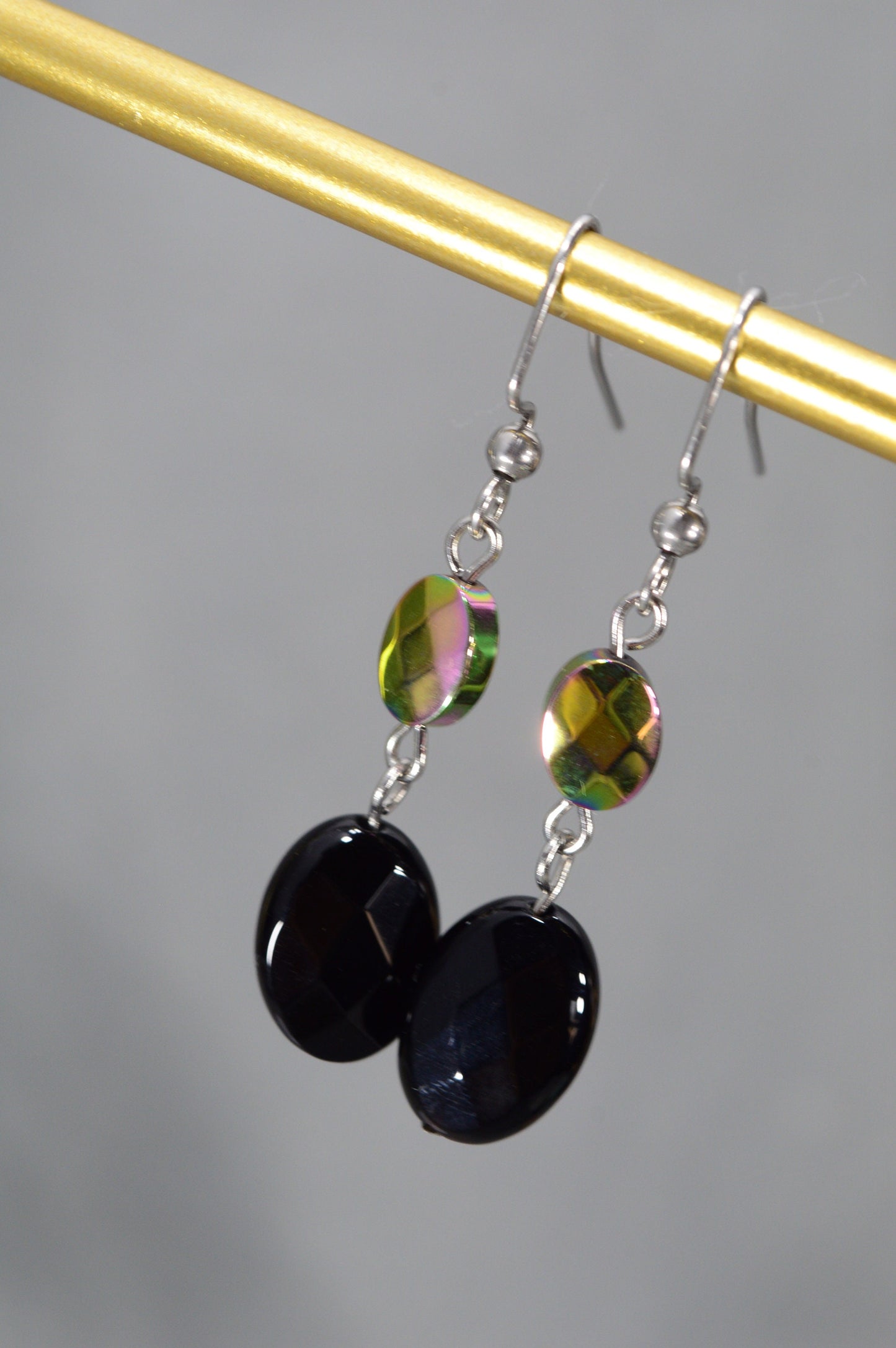 Hematite onyx earrings. Fashionable handmade earrings with natural stones.  Estibela design. 4.5 cm (about 1.77 inches)