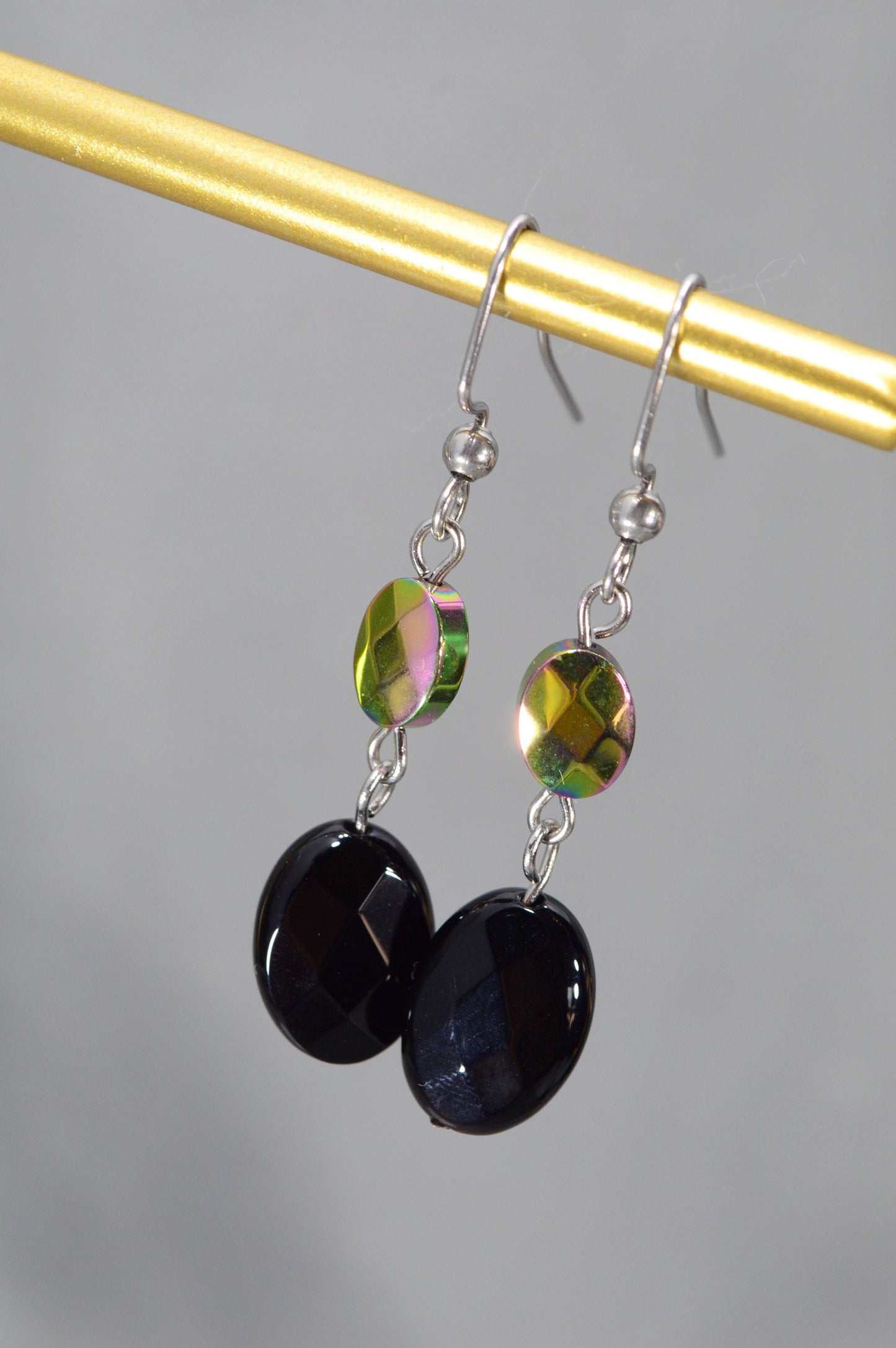 Hematite onyx earrings. Fashionable handmade earrings with natural stones.  Estibela design. 4.5 cm (about 1.77 inches)