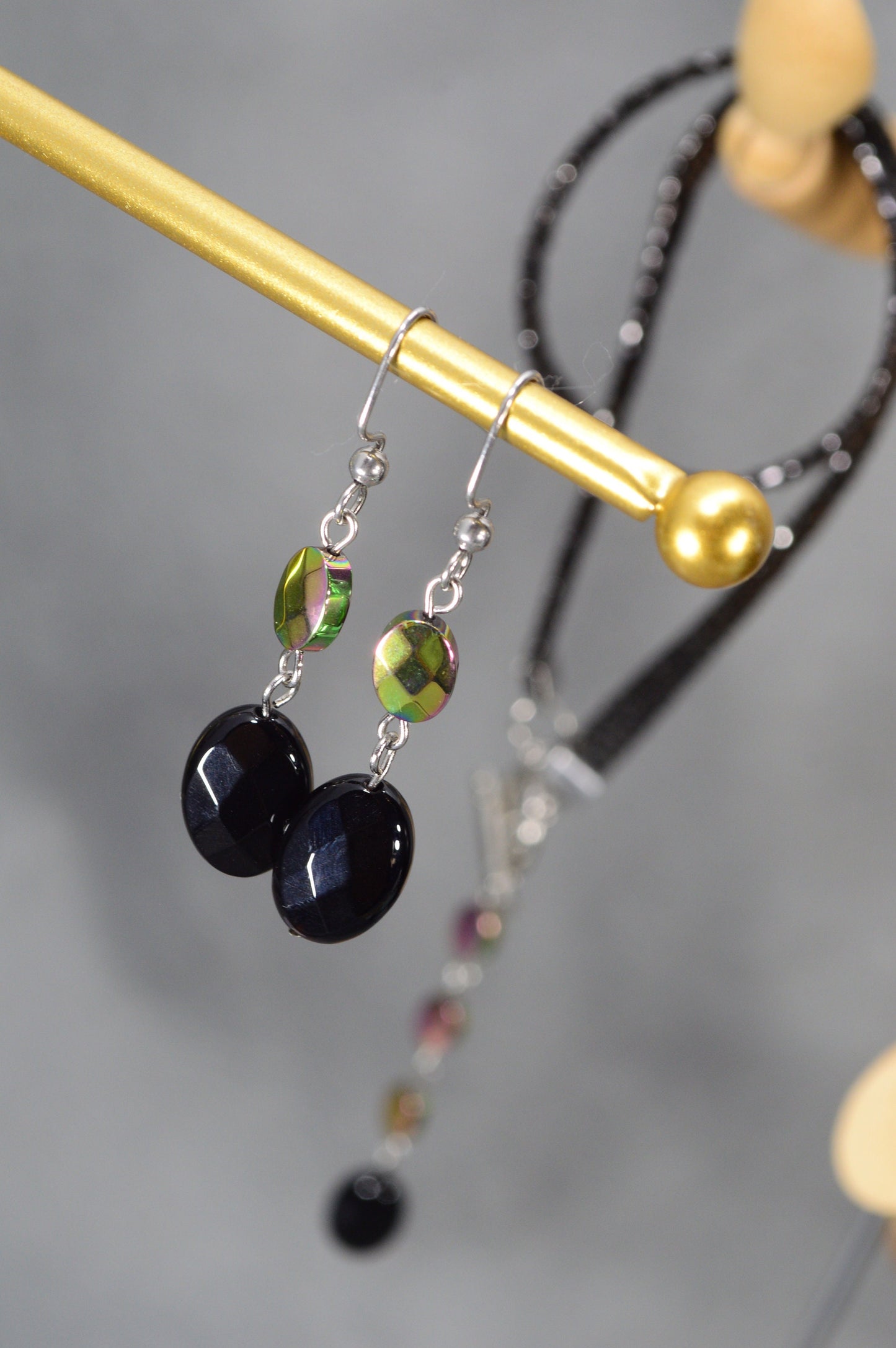 Hematite onyx earrings. Fashionable handmade earrings with natural stones.  Estibela design. 4.5 cm (about 1.77 inches)