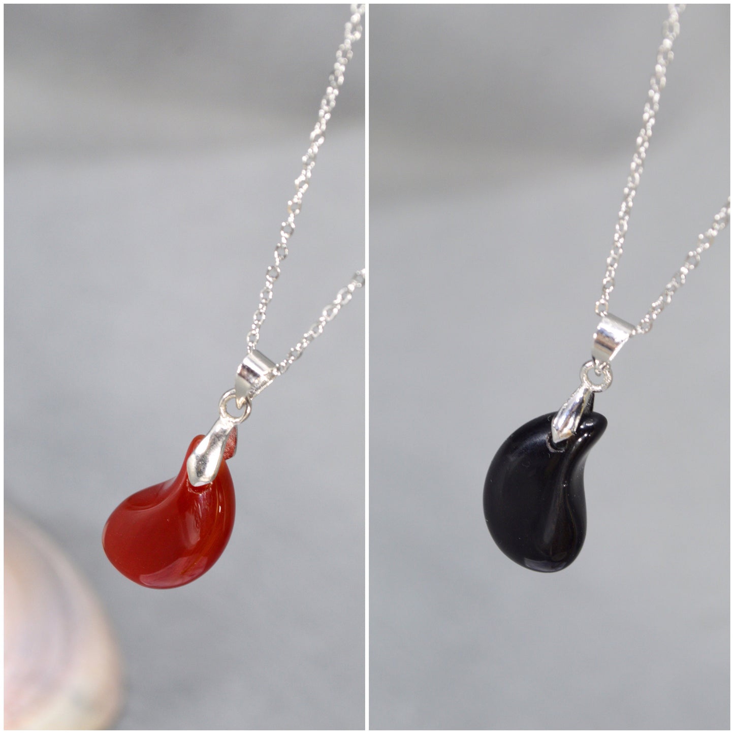 Onyx or carnelian tear-shaped pendant. Drop-shaped pendant. Teardrop stone steel chain necklace. Estibela design. 2cm - 0,8"