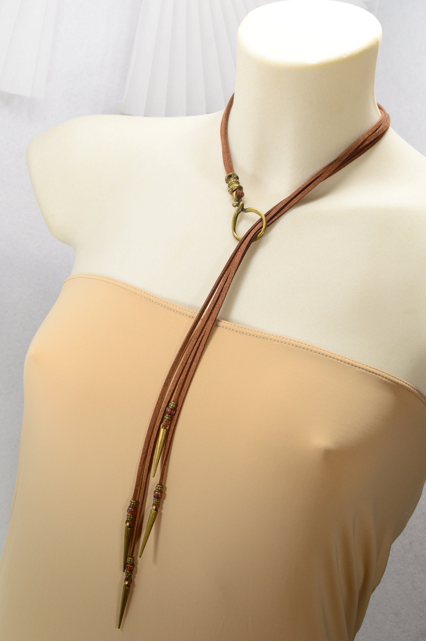 Faux leather flat cord Y necklace, Bronze Spiked accessory, metal ring choker, Cascading spikes leather strap. Estibela design.