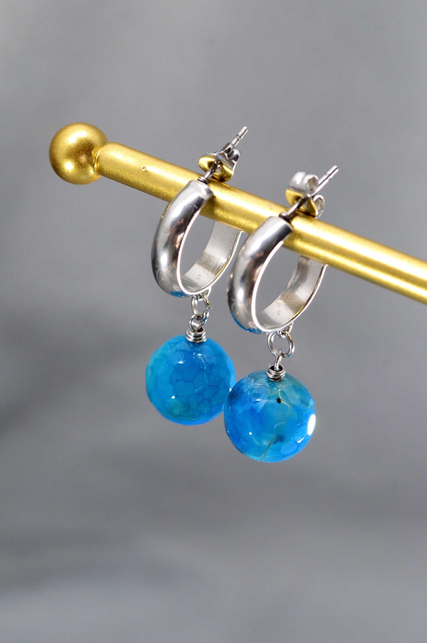 Blue Agate Earrings with Durable Stainless Steel Hooks – Perfect for Bohemian, Ethnic, and Minimalist Styles. 3.5 cm (1.38 inches).