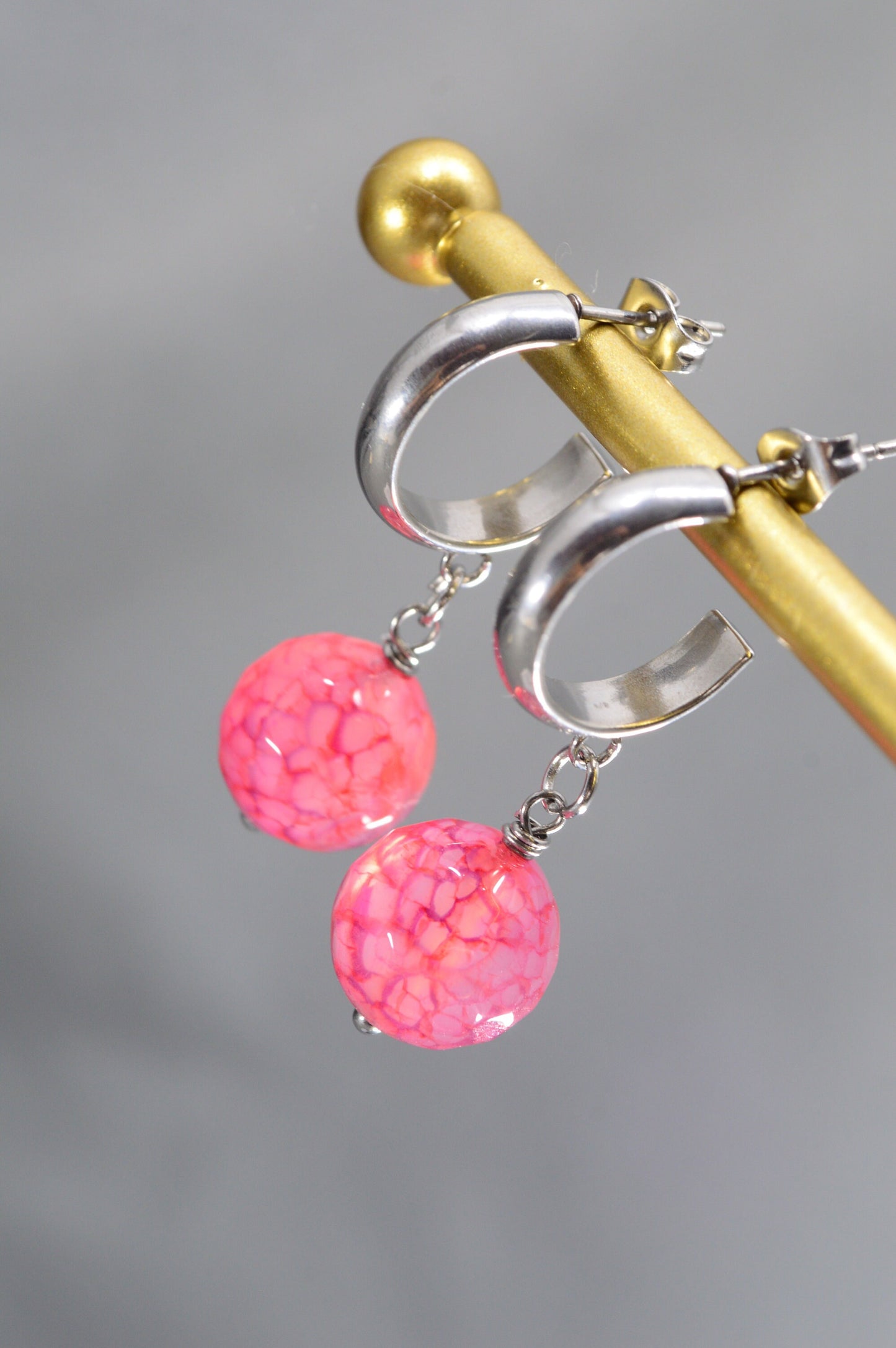 Ligth deep pink Agate Earrings with Durable Stainless Steel Hooks – Bohemian, Ethnic & Minimalist Styles. 3.5 cm (1.38 inches).