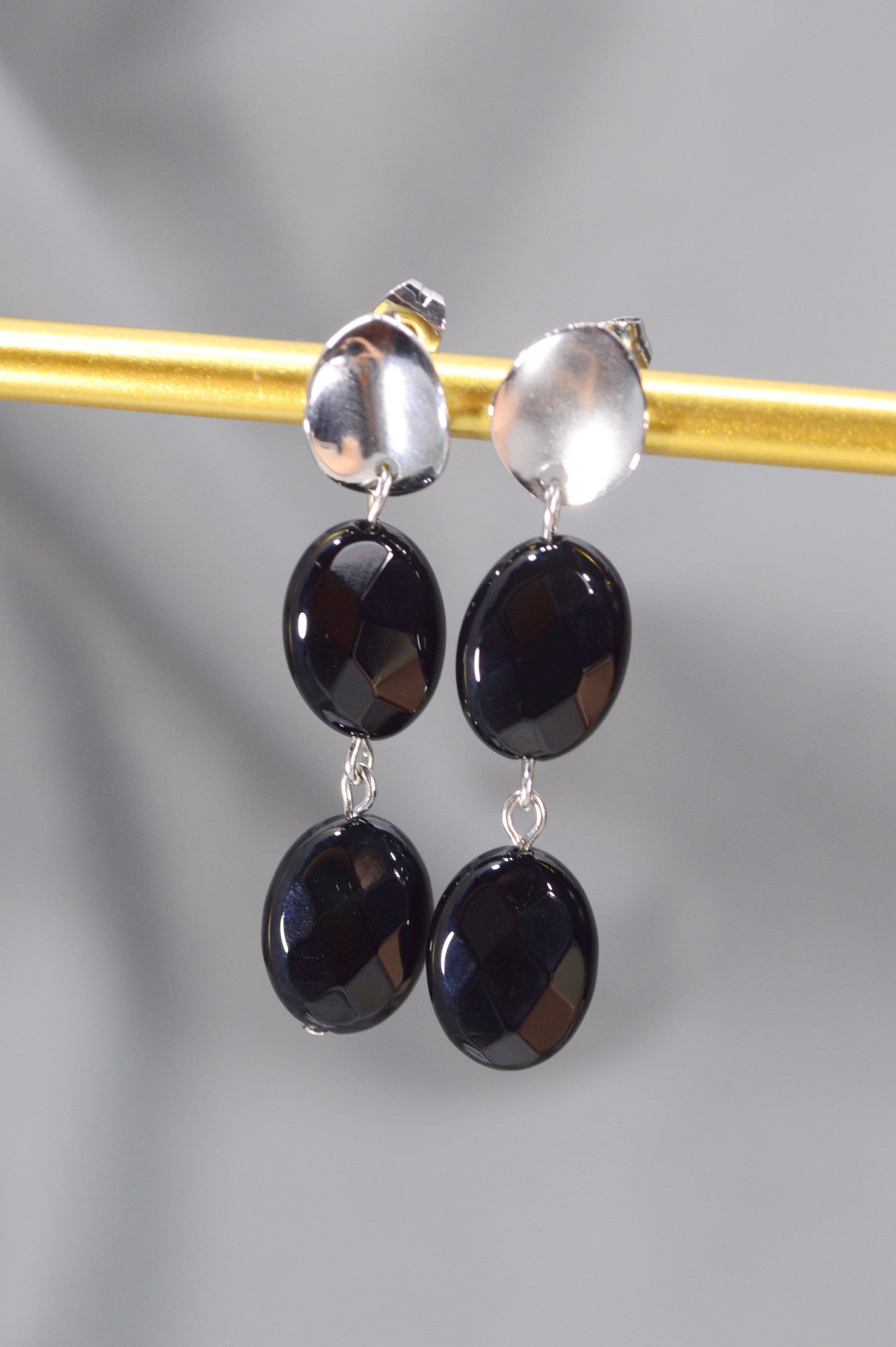 Cascade oval onyx earrings. Fashionable earrings with natural stones.  Black onyx earrings. Estibela design.4.5 cm (1.8 inches)