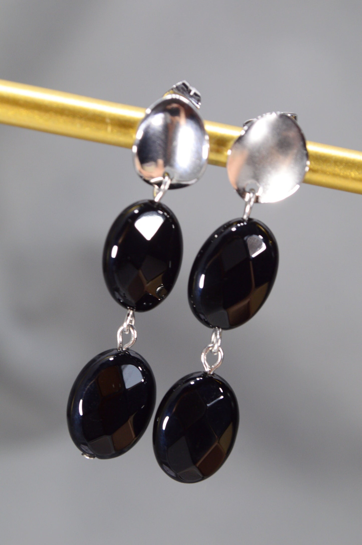 Cascade oval onyx earrings. Fashionable earrings with natural stones.  Black onyx earrings. Estibela design.4.5 cm (1.8 inches)