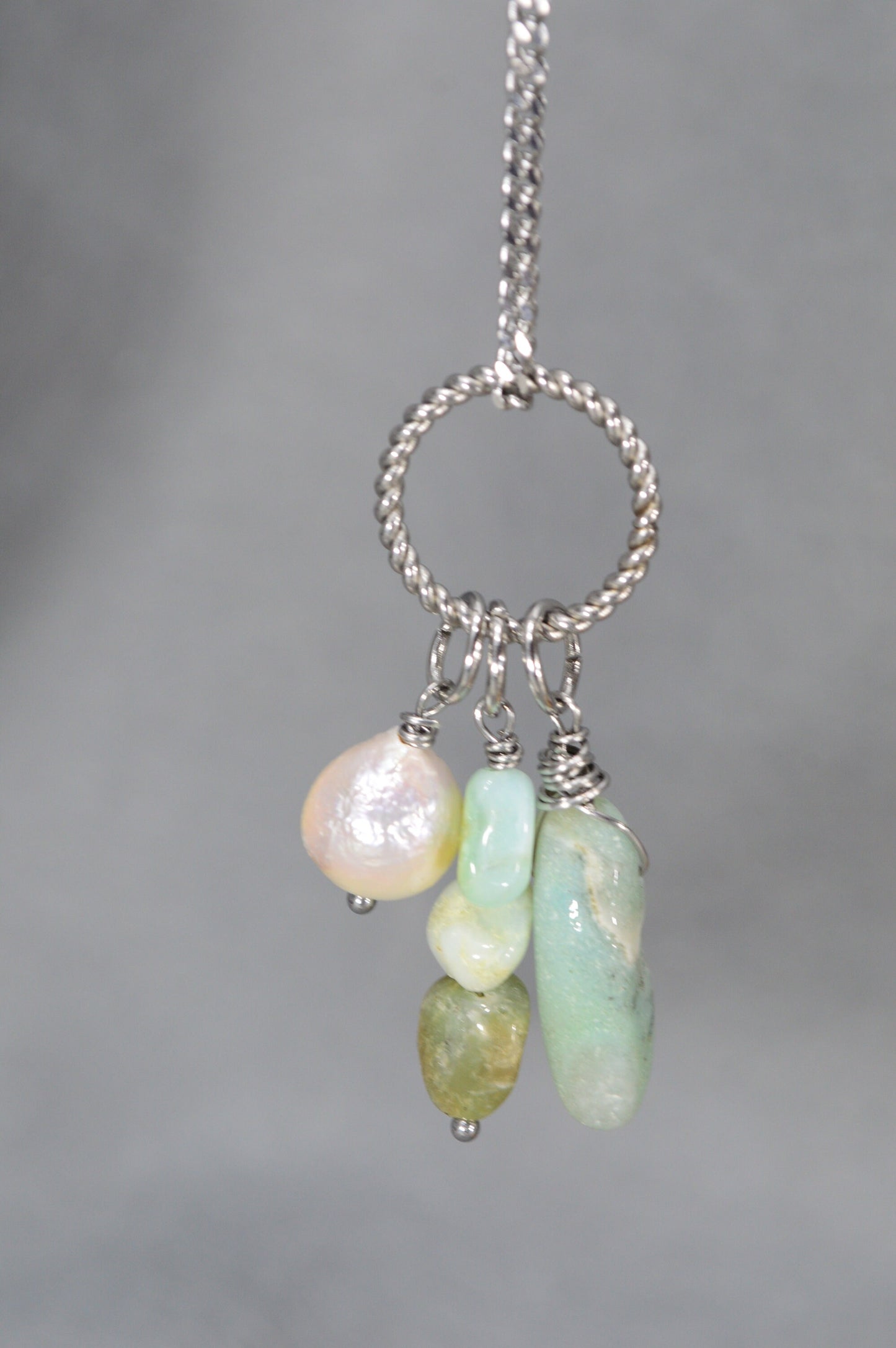 Artisan-crafted pendant featuring amazonite,  baroque pearl – versatile accessory blending boho, ethnic, and vintage look.