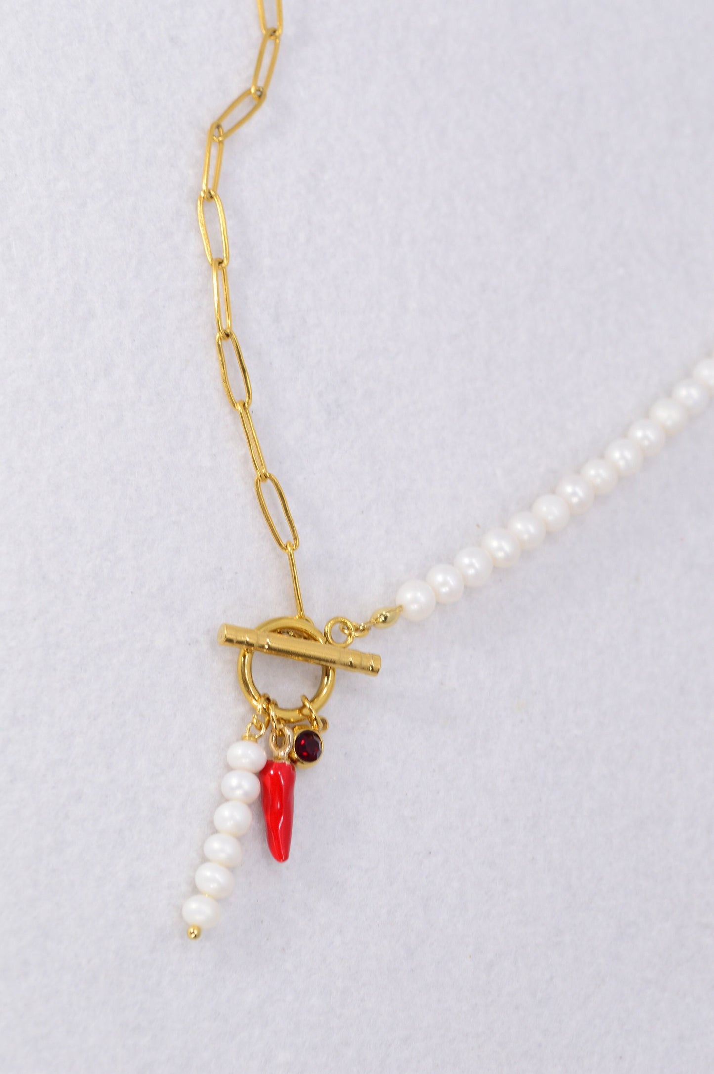 Bold necklace with red chili pendant and pearls unique gift idea. Estibela  jewelry gold chain freshwater pearls for daring women.