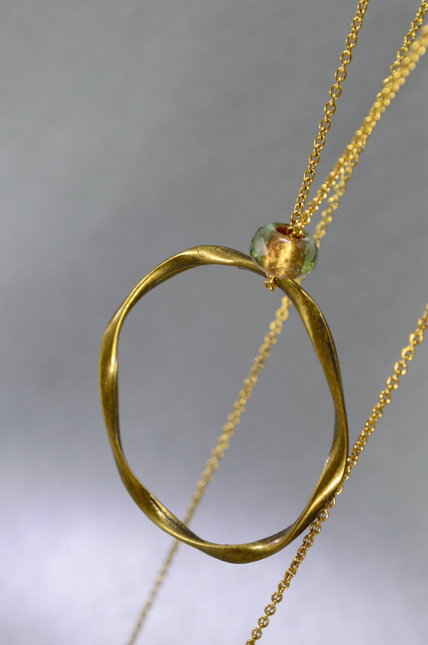 Large Bronze Ring Pendant with Gold Stainless Steel Chain and Czech Glass Bead - Unique Design by Estibela Design