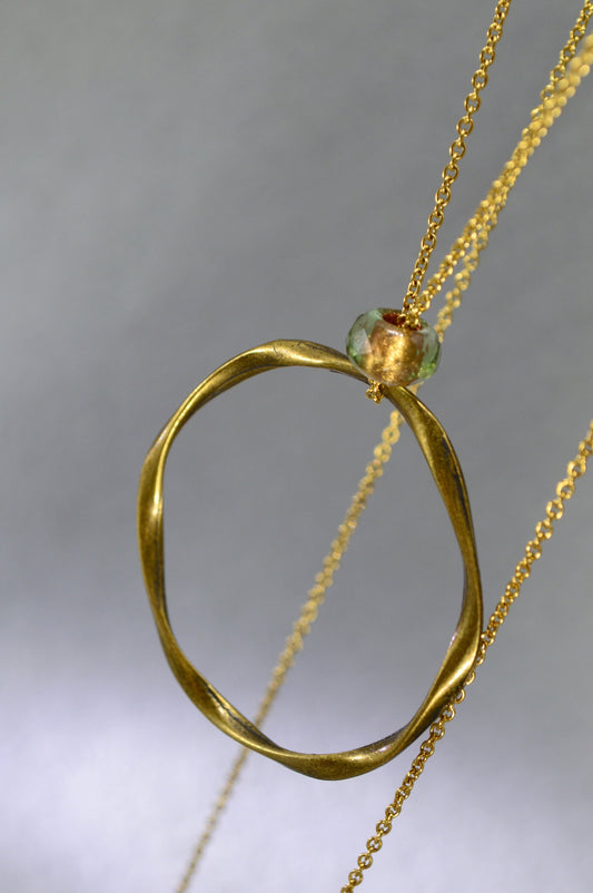 Large Bronze Ring Pendant with Gold Stainless Steel Chain and Czech Glass Bead - Unique Design by Estibela Design