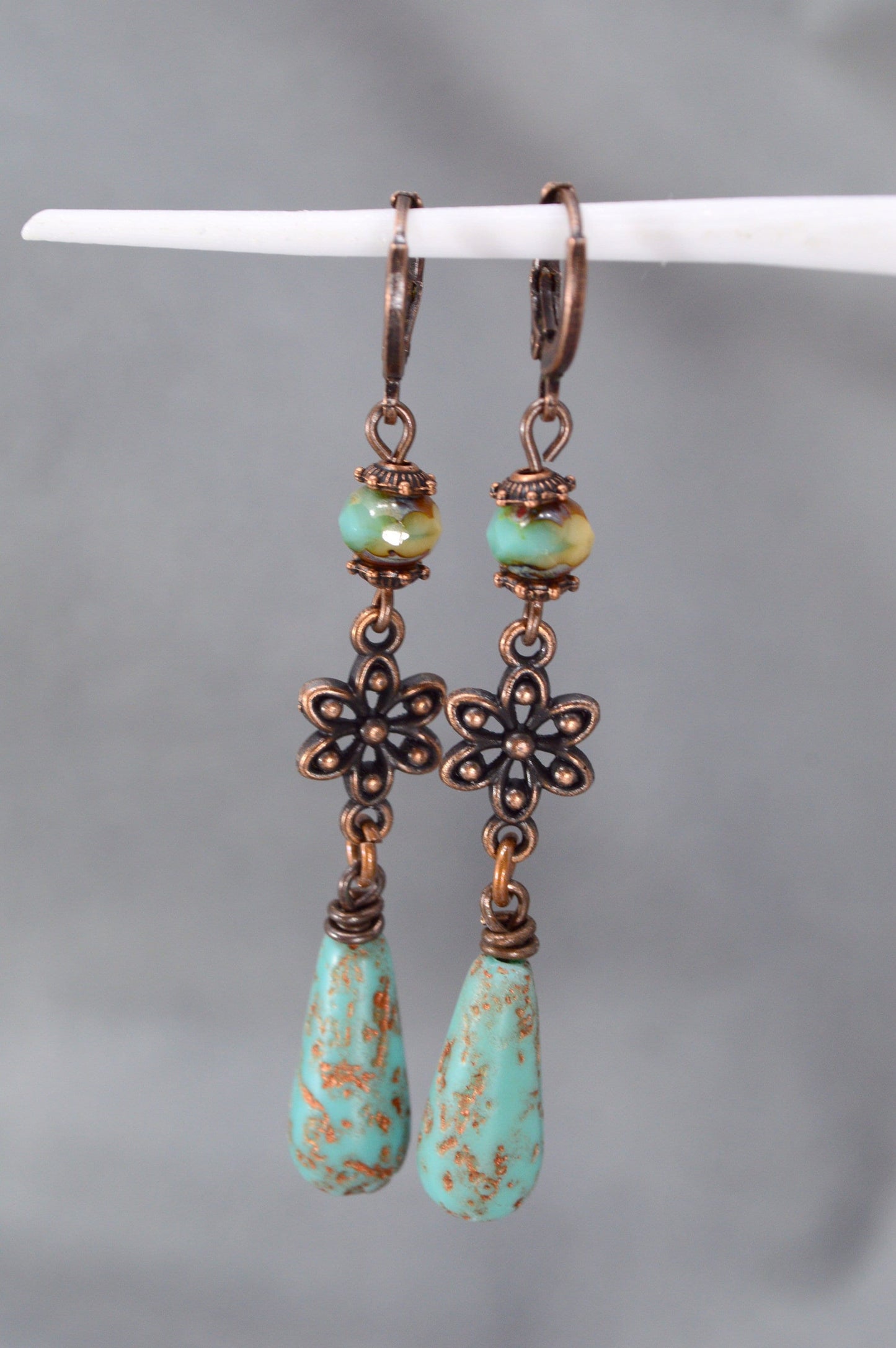 Elegant  Picasso-Style Copper Earrings with Czech Glass Beads by Estibela Design – Perfect Gift for Her. 7cm - 2.8"