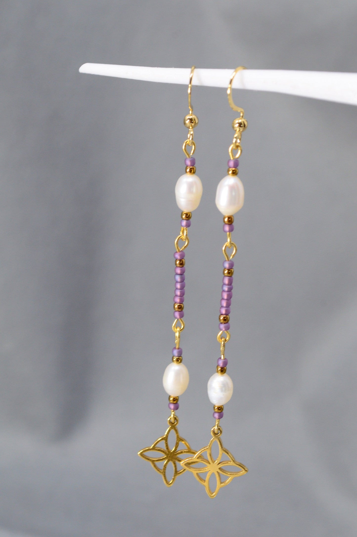 Cascade Elegance: Freshwater Pearl and Czech Glass Earrings with Celtic Knot. 8.5 cm - 3.4". Long Delicate Elegant Earrings.