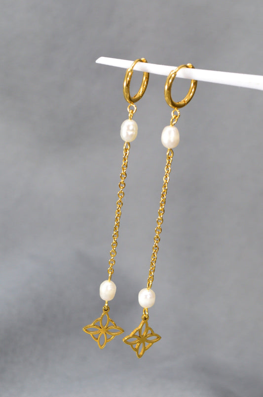 Stainless Steel Earrings with Freshwater Pearls & Geometric Pendant by Estibela Design - Perfect for Weddings, Proms, Parties, and More