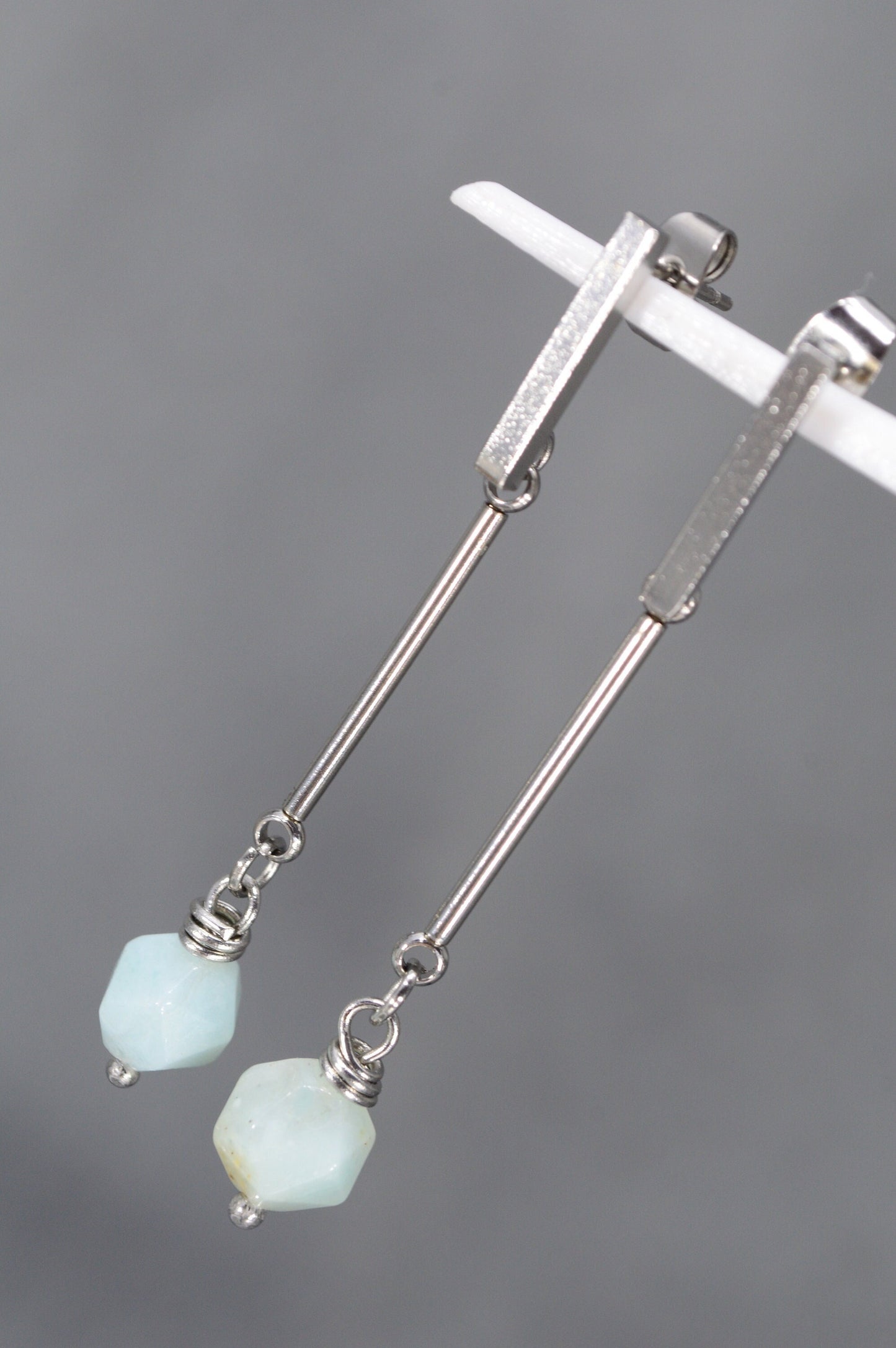 Stainless Steel Stick & Natural Stone Beads. 5cm 2". Elegant everyday earrings.  Simple style. Estibela design.