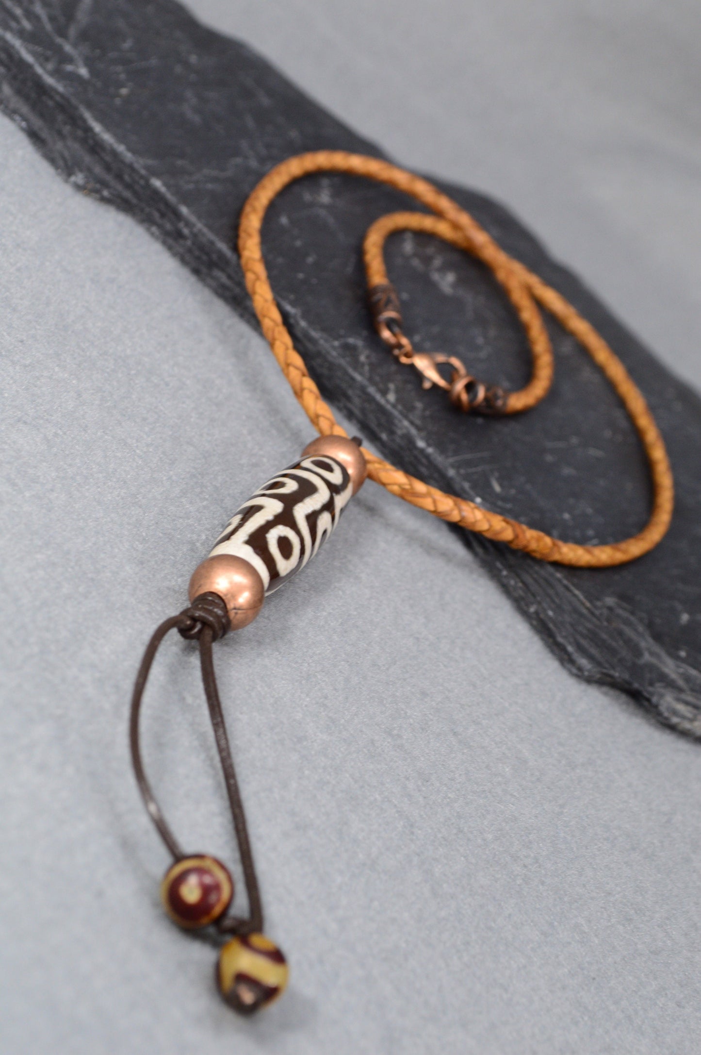 Ethnic Jewelry: Braided Leather Cord with Tibetan Dzi Bead and Tassels, Agate Beads, Protection, Luck, Spiritual Growth, Unique Gift.