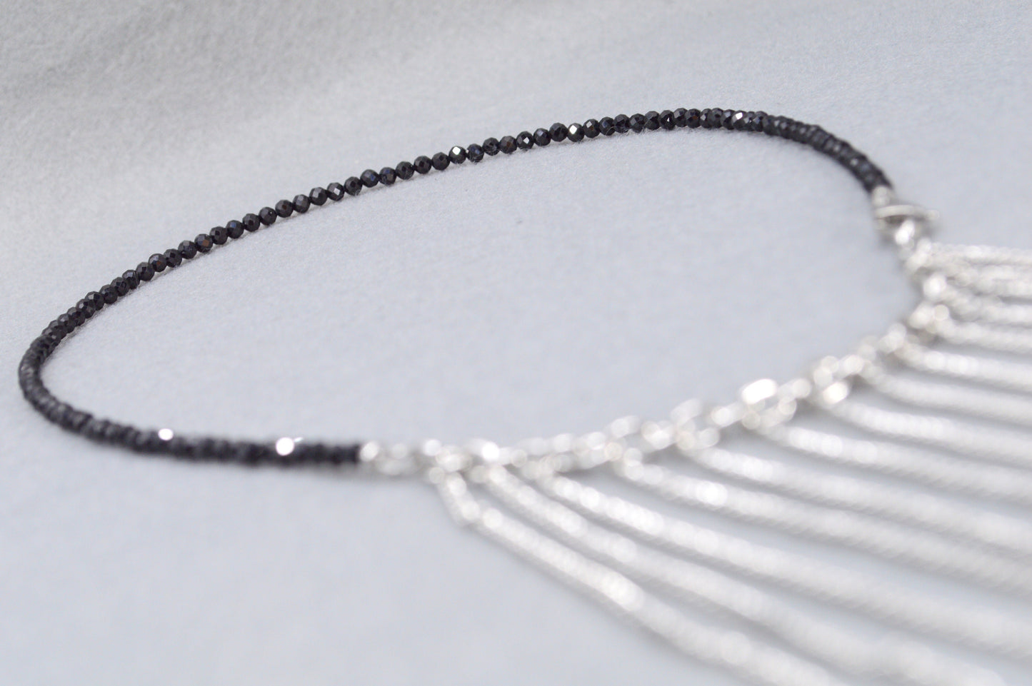 Black Spinel Beads & Stainless Steel Chains Necklace – Modern Asymmetric Design, Elegant Fashion Jewelry for Evening Wear, 45cm - 18".