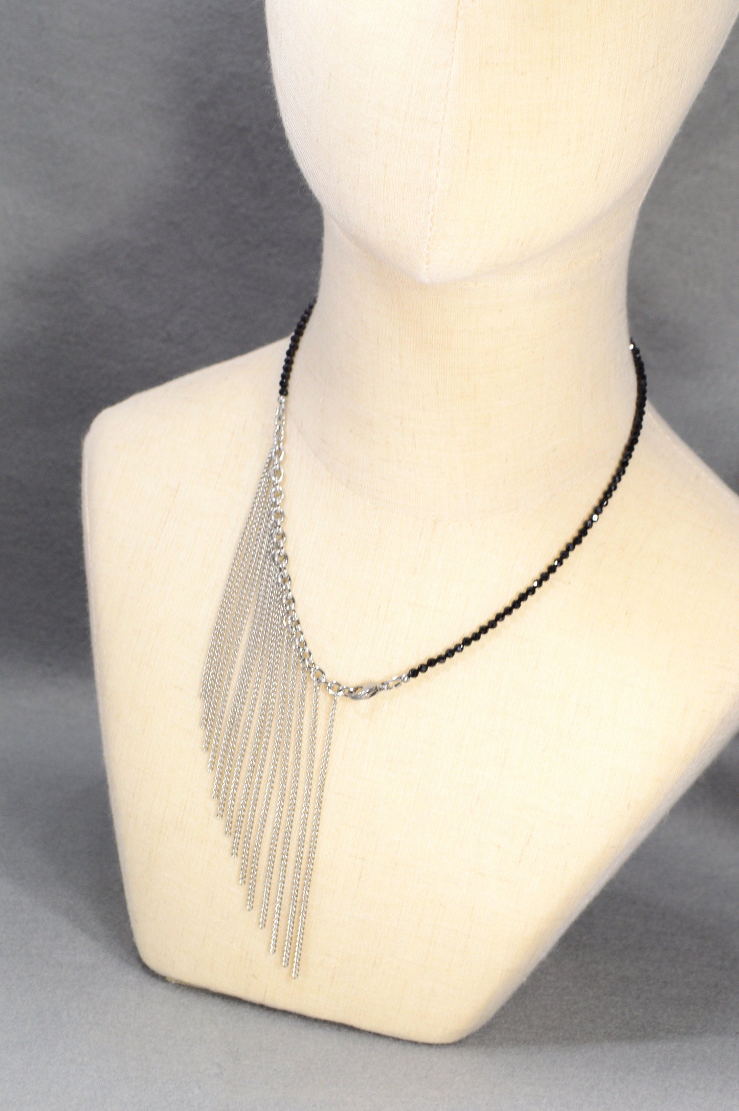 Black Spinel Beads & Stainless Steel Chains Necklace – Modern Asymmetric Design, Elegant Fashion Jewelry for Evening Wear, 45cm - 18".