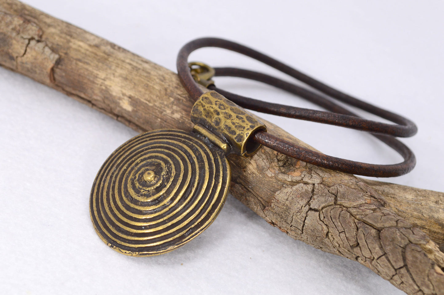 Last 2 in stock - Boho tribal leather necklace. Big Bronze Circle Pendant: Versatile Elegance with Leather Craft Detailing for Autumn Gifts.