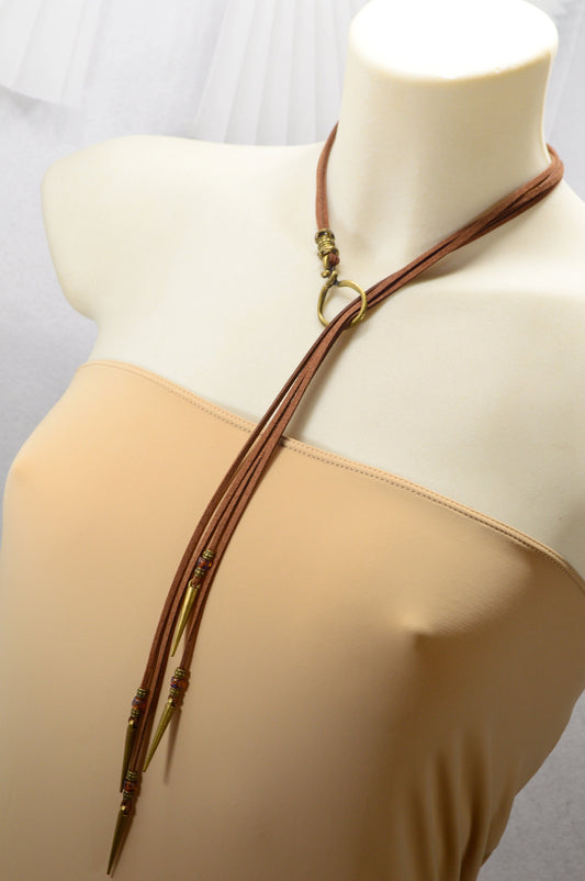 Faux leather flat cord Y necklace, Bronze Spiked accessory, metal ring choker, Cascading spikes leather strap. Estibela design.