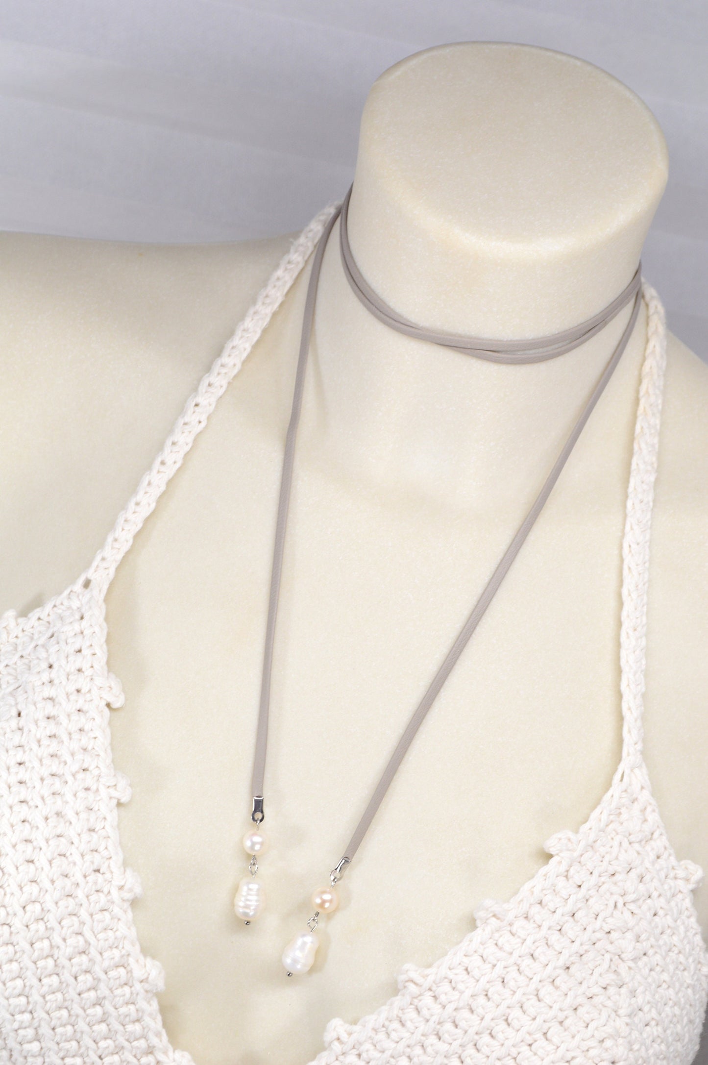 Estibela Handcrafted Necklace with a light gray leather cord & freshwater pearls. Edgy wrap-around necklace.  About 120cm - 47".