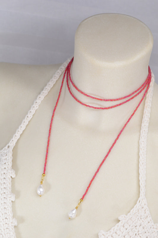 Alluring Y-shaped seed bead necklace with freshwater pearls. Bold wrap-around design. Eye-catching beaded choker. About 110cm - 43"