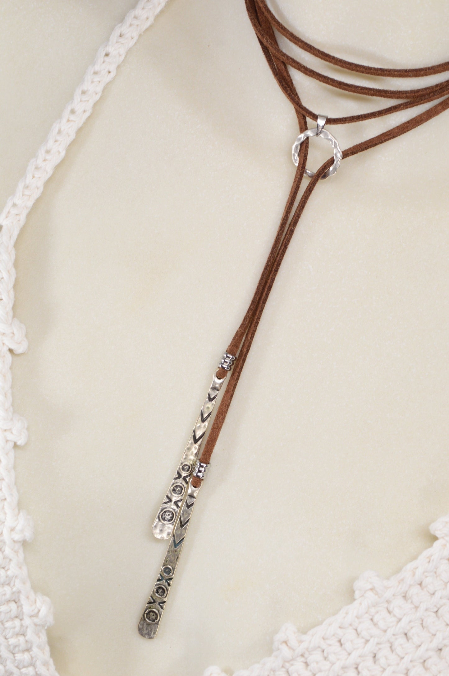 Long brown faux leather necklace featuring a boho chic Y-necklace design. Elegant festival wrap necklace for a unique gift for her.