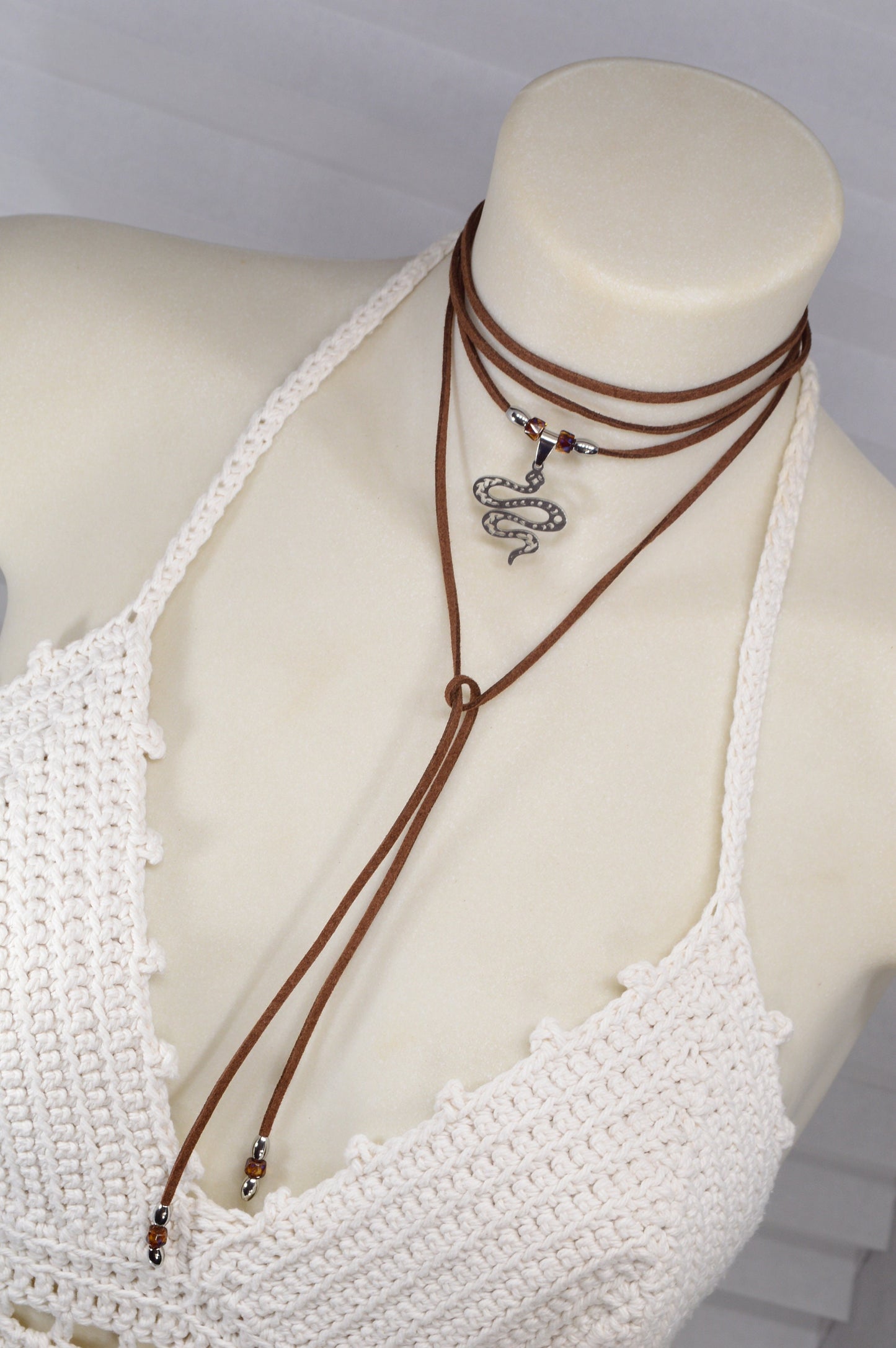 NEW *** Long brown faux leather necklace featuring a boho chic Y-necklace design. Elegant festival wrap necklace for a unique gift for her.