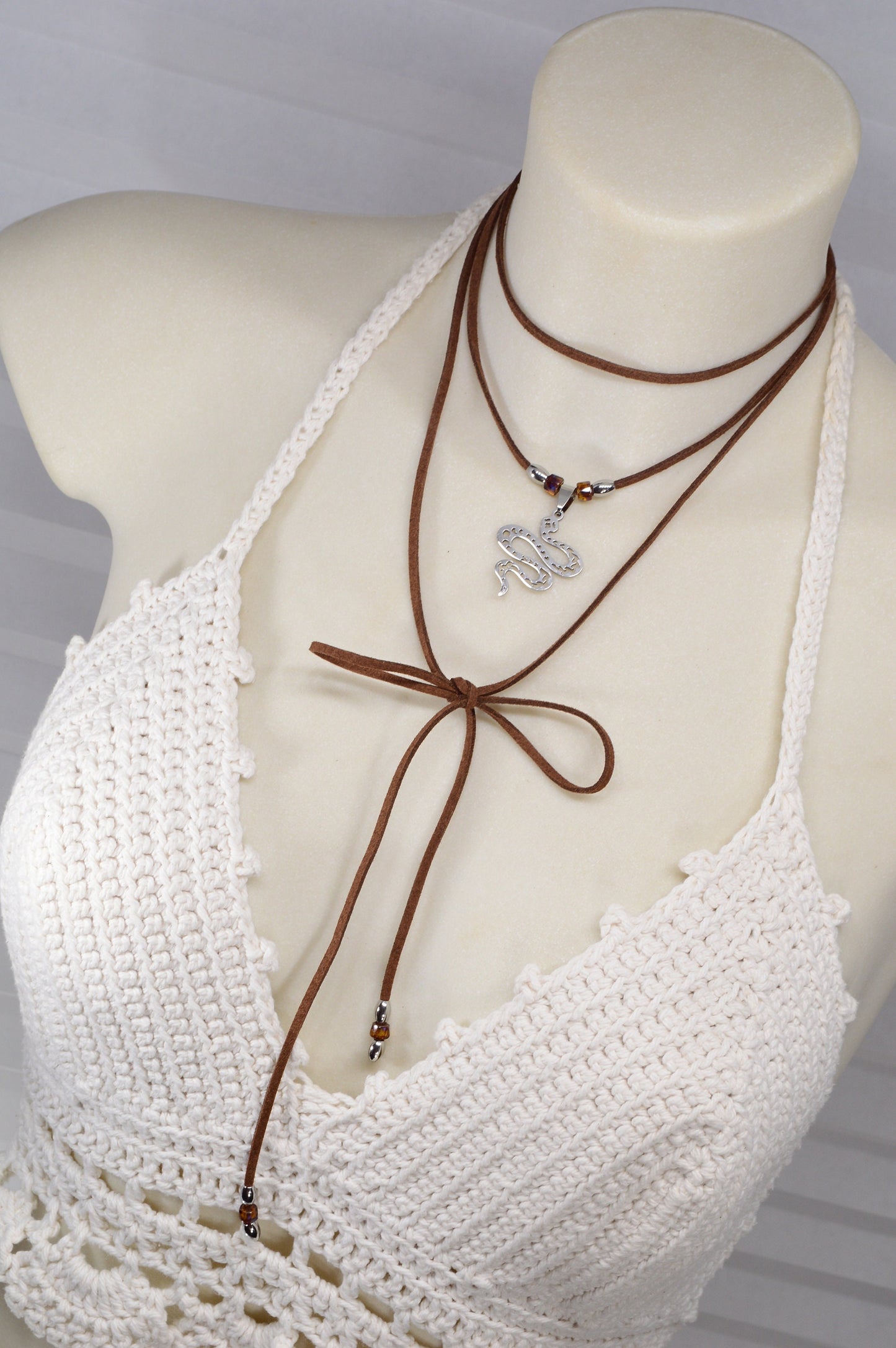 NEW *** Long brown faux leather necklace featuring a boho chic Y-necklace design. Elegant festival wrap necklace for a unique gift for her.