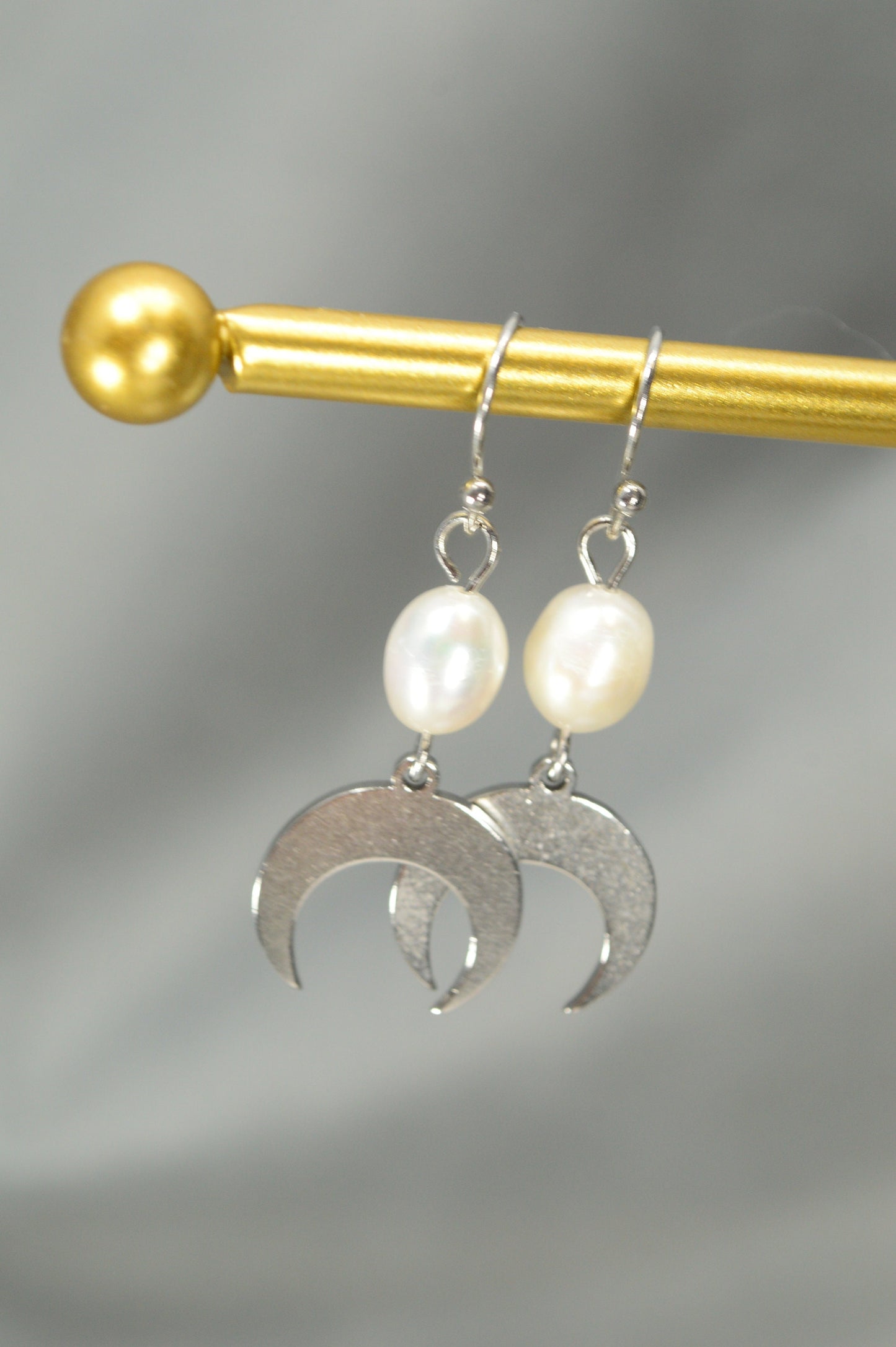 Moon pendant & Freshwater pearl minimalist earrings, nature-inspired earrings, handcrafted bohemian accessories. about 4cm - 1.5"