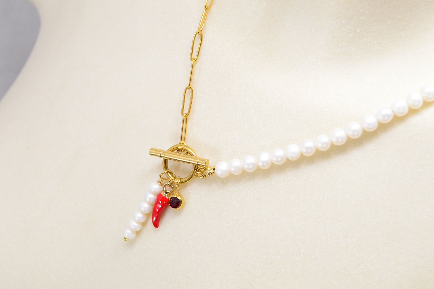 Bold necklace with red chili pendant and pearls unique gift idea. Estibela  jewelry gold chain freshwater pearls for daring women.