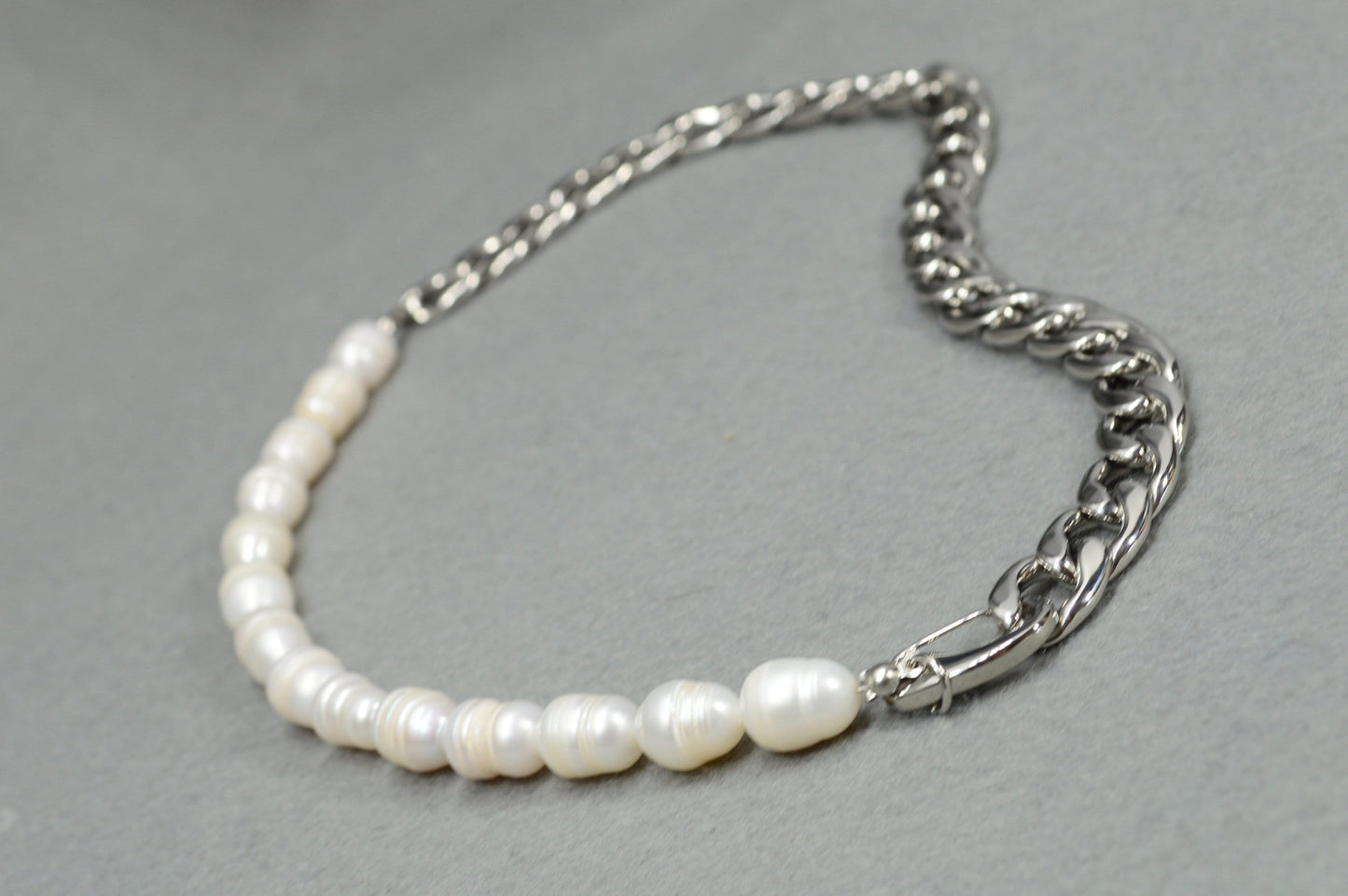 Last one! - Half Chain & Half Freshwater Pearl Necklace by Estibela - Modern, Unisex, Stylish Accessory.