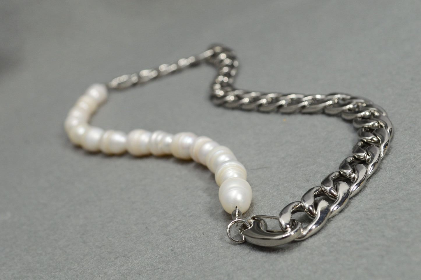 Last one! - Half Chain & Half Freshwater Pearl Necklace by Estibela - Modern, Unisex, Stylish Accessory.