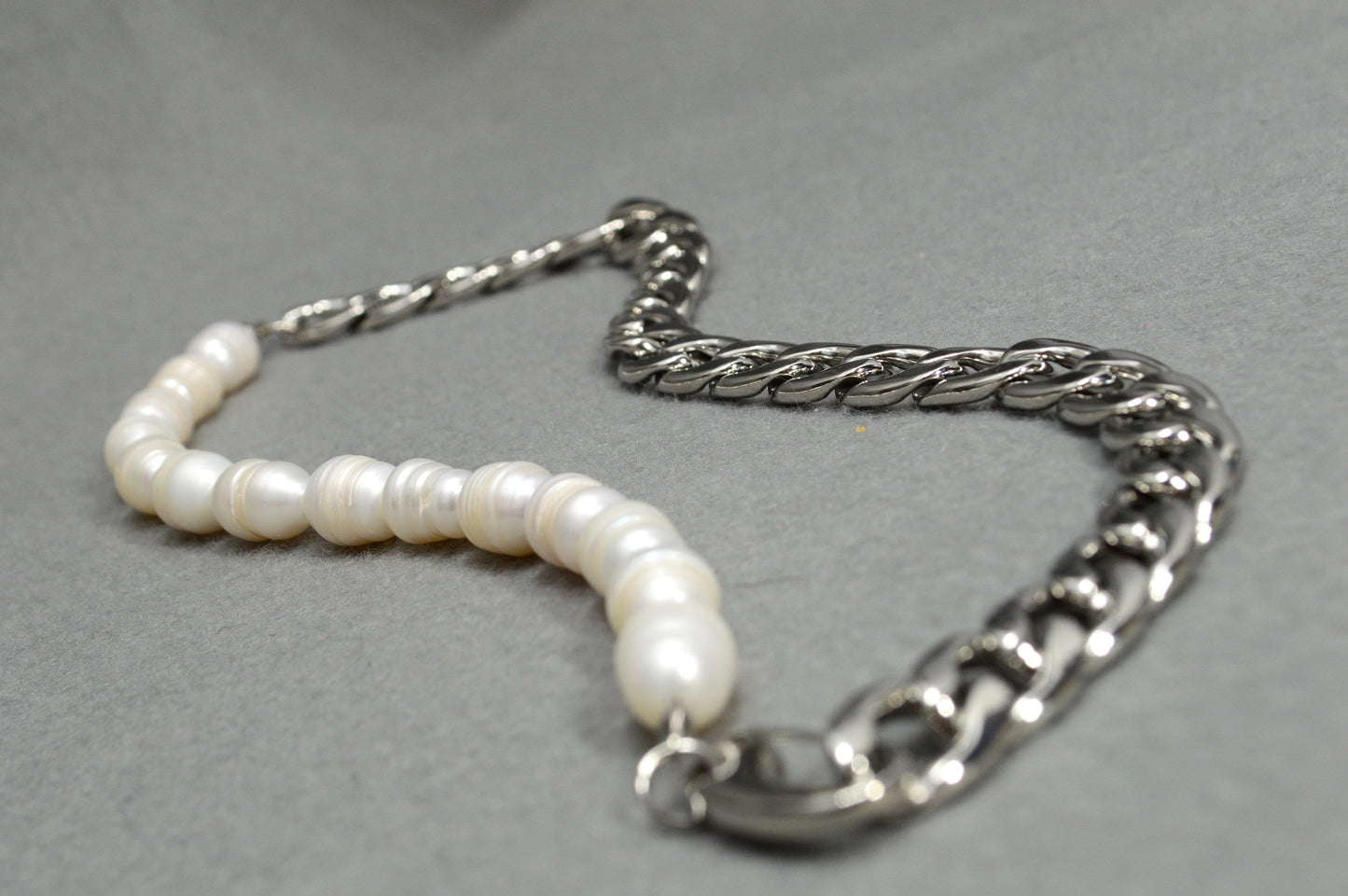 Last one! - Half Chain & Half Freshwater Pearl Necklace by Estibela - Modern, Unisex, Stylish Accessory.