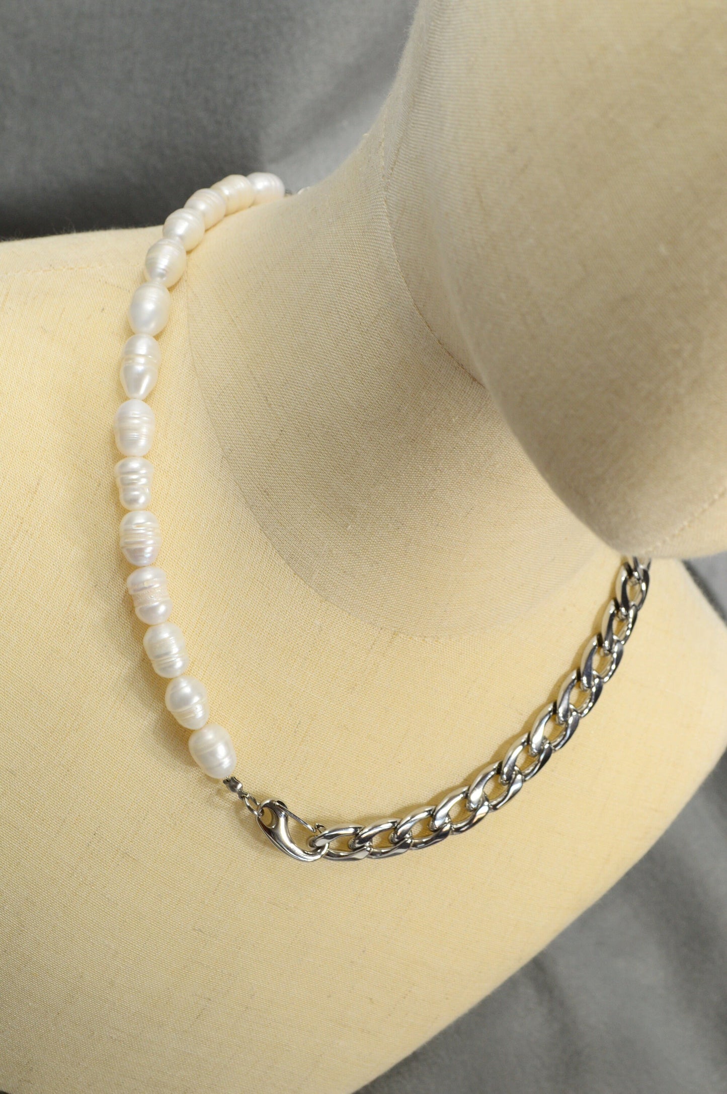 Last one! - Half Chain & Half Freshwater Pearl Necklace by Estibela - Modern, Unisex, Stylish Accessory.