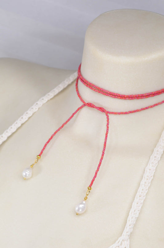 Alluring Y-shaped seed bead necklace with freshwater pearls. Eye-catching beaded choker. About 110cm - 43"