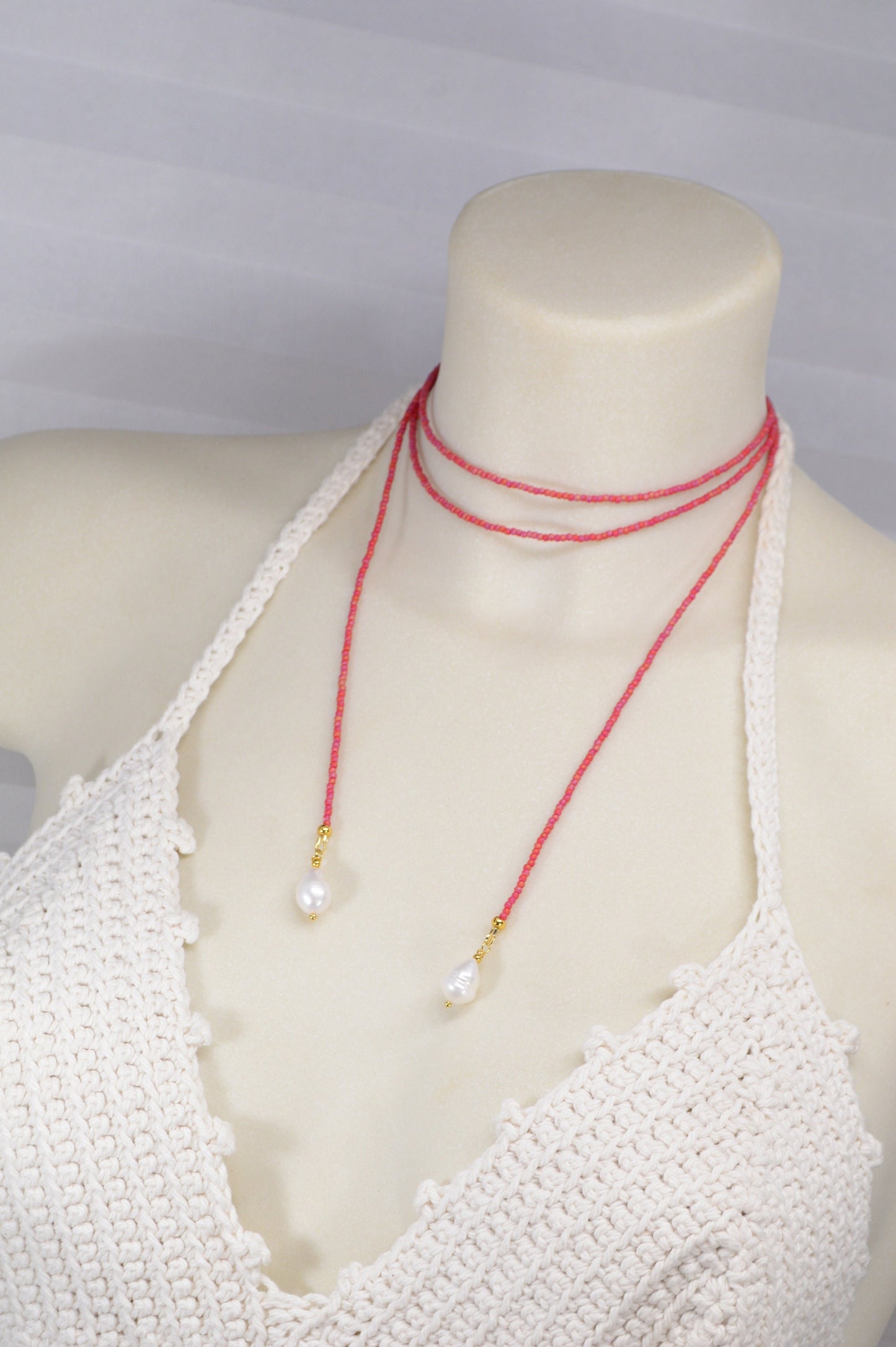 Alluring Y-shaped seed bead necklace with freshwater pearls. Bold wrap-around design. Eye-catching beaded choker. About 110cm - 43"