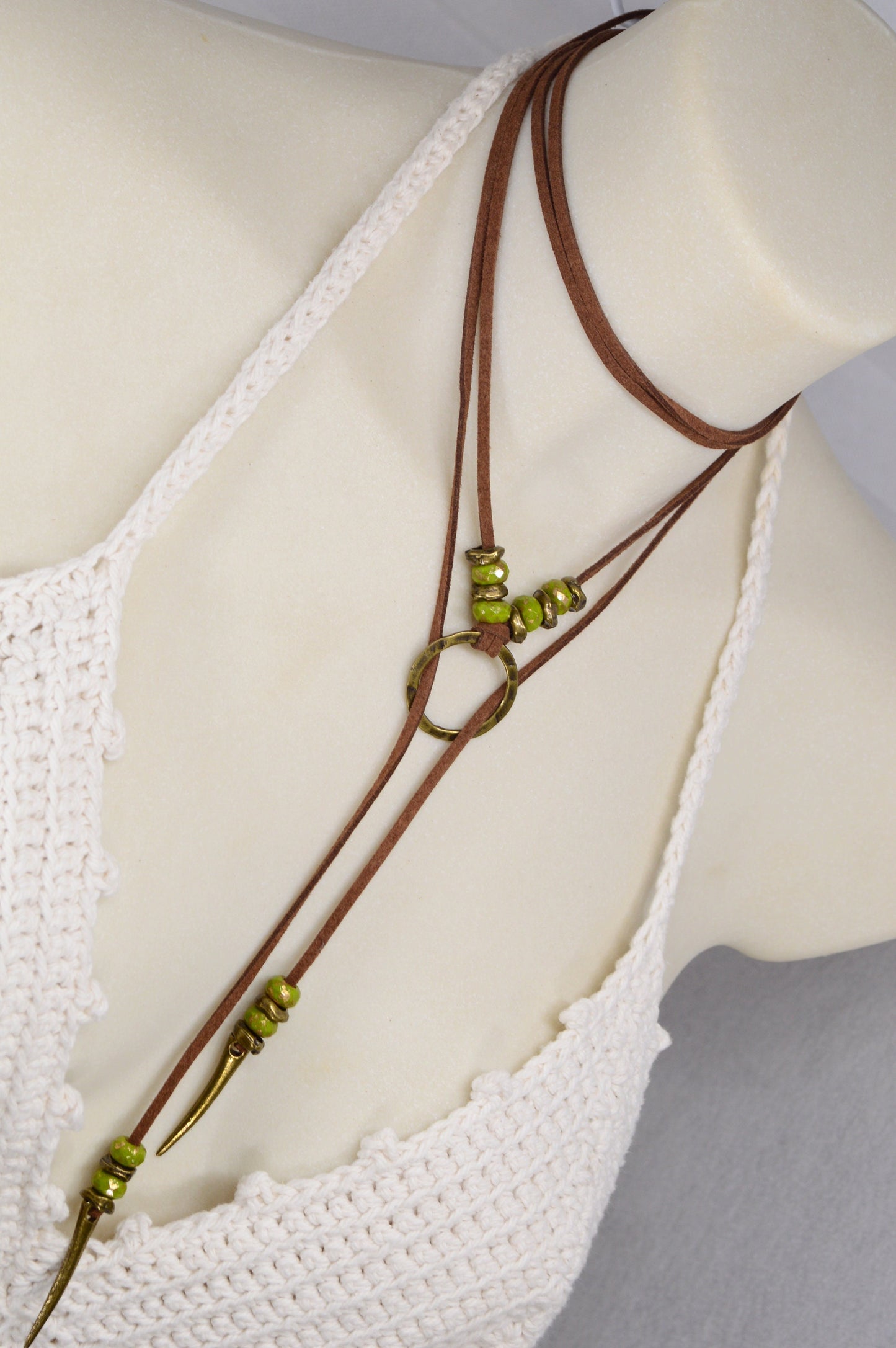 Long brown faux leather necklace, Boho chic Y-necklace design, Elegant festival wrap necklace, Unique gift for her. Estibela design