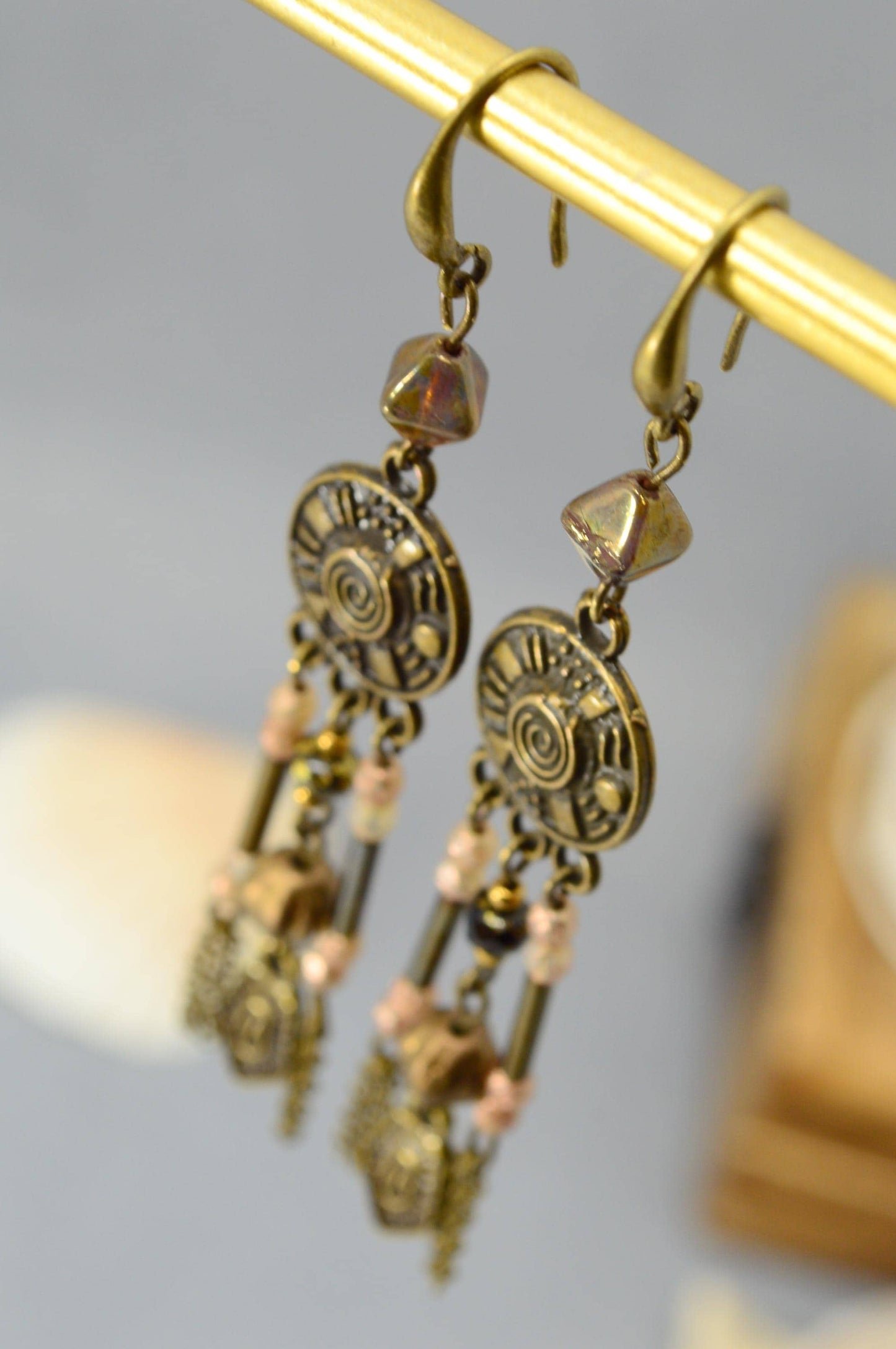 NEW *** Ethnic & vintage-inspired earrings, Artisan-made bronze earrings, handmade earrings  in boho and ethnic style. Estibela. 8cm - 3.2"