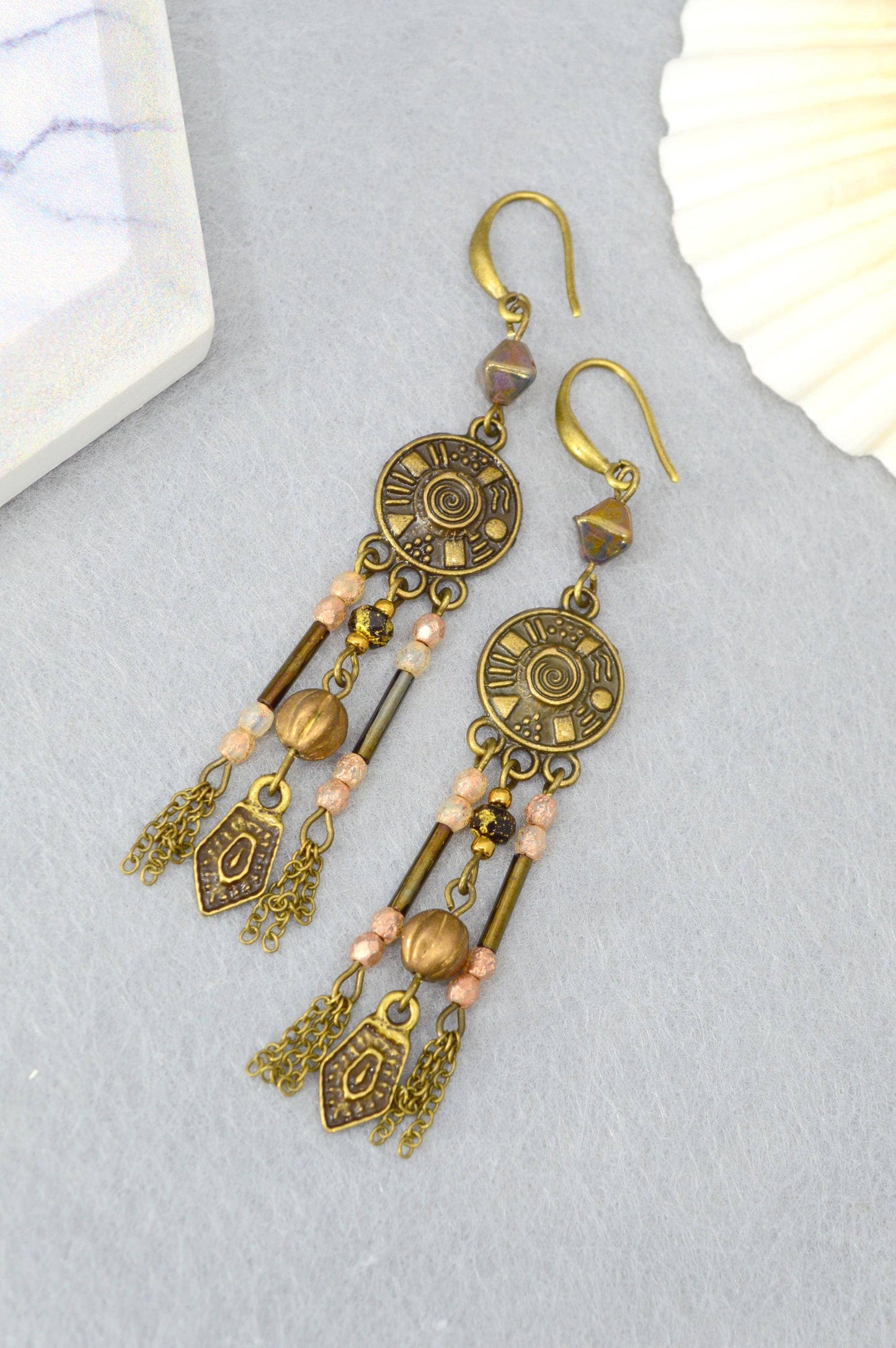 NEW *** Ethnic & vintage-inspired earrings, Artisan-made bronze earrings, handmade earrings  in boho and ethnic style. Estibela. 8cm - 3.2"