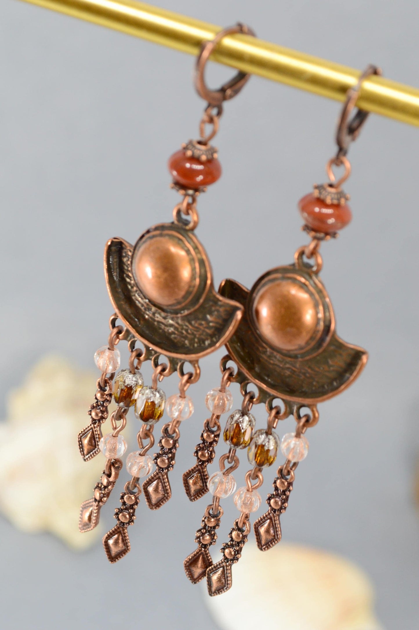 NEW *** Boho statement earrings, Elegant and artistic earrings with glass beads for a unique look, free-spirited women, Estibela. 9cm - 3.5"