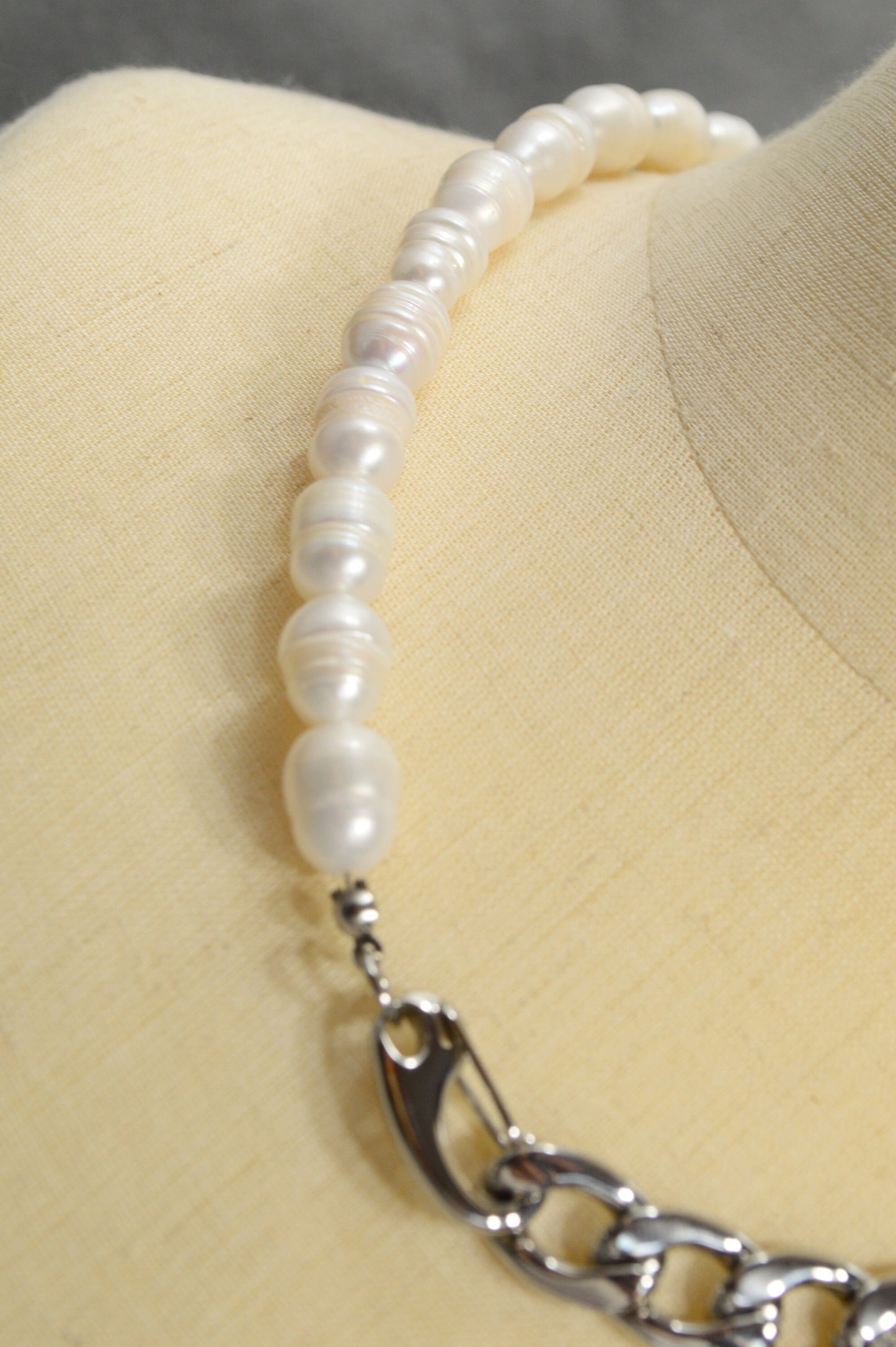 Last one! - Half Chain & Half Freshwater Pearl Necklace by Estibela - Modern, Unisex, Stylish Accessory.