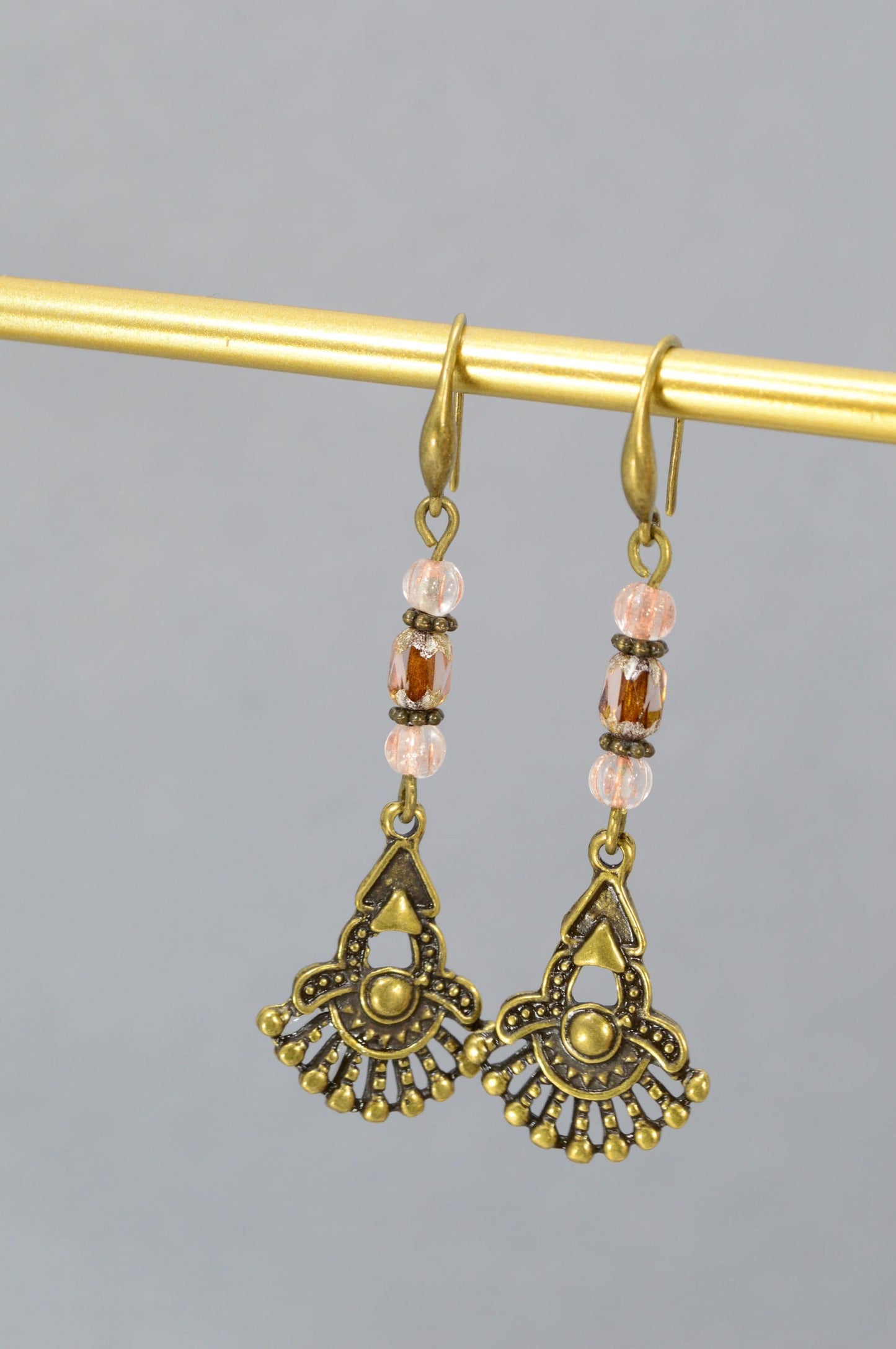 NEW *** Boho Bronze Fan Earrings - Handmade Tribal Jewelry with Glass Beads. Estibela unique design. 6cm - 2.4"