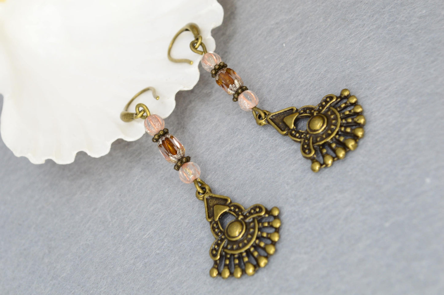 NEW *** Boho Bronze Fan Earrings - Handmade Tribal Jewelry with Glass Beads. Estibela unique design. 6cm - 2.4"