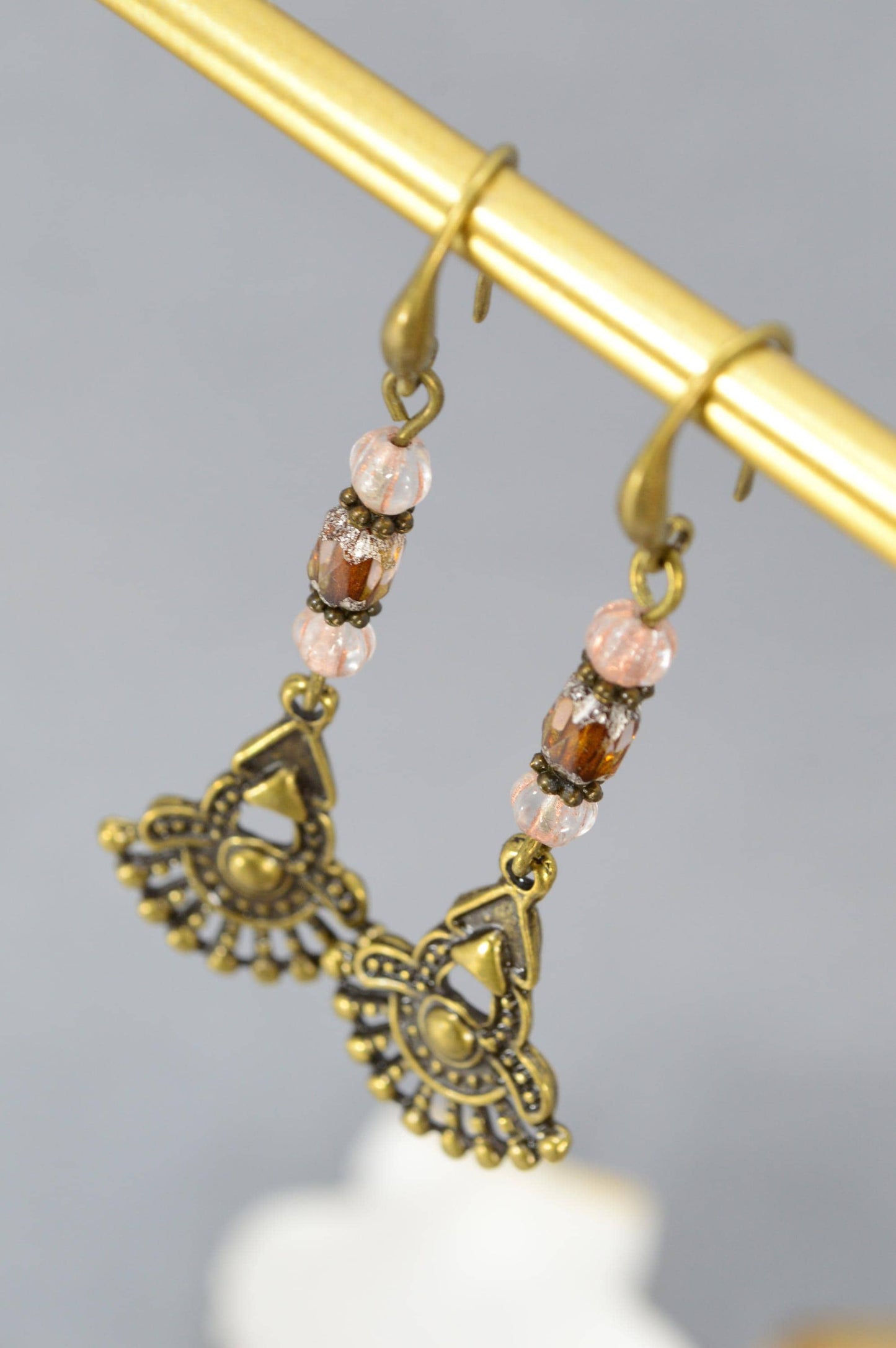 NEW *** Boho Bronze Fan Earrings - Handmade Tribal Jewelry with Glass Beads. Estibela unique design. 6cm - 2.4"