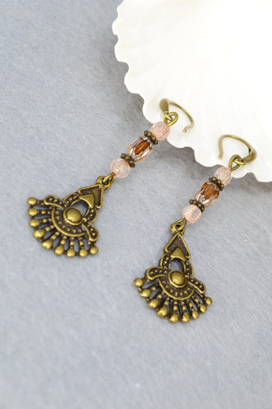 NEW *** Boho Bronze Fan Earrings - Handmade Tribal Jewelry with Glass Beads. Estibela unique design. 6cm - 2.4"