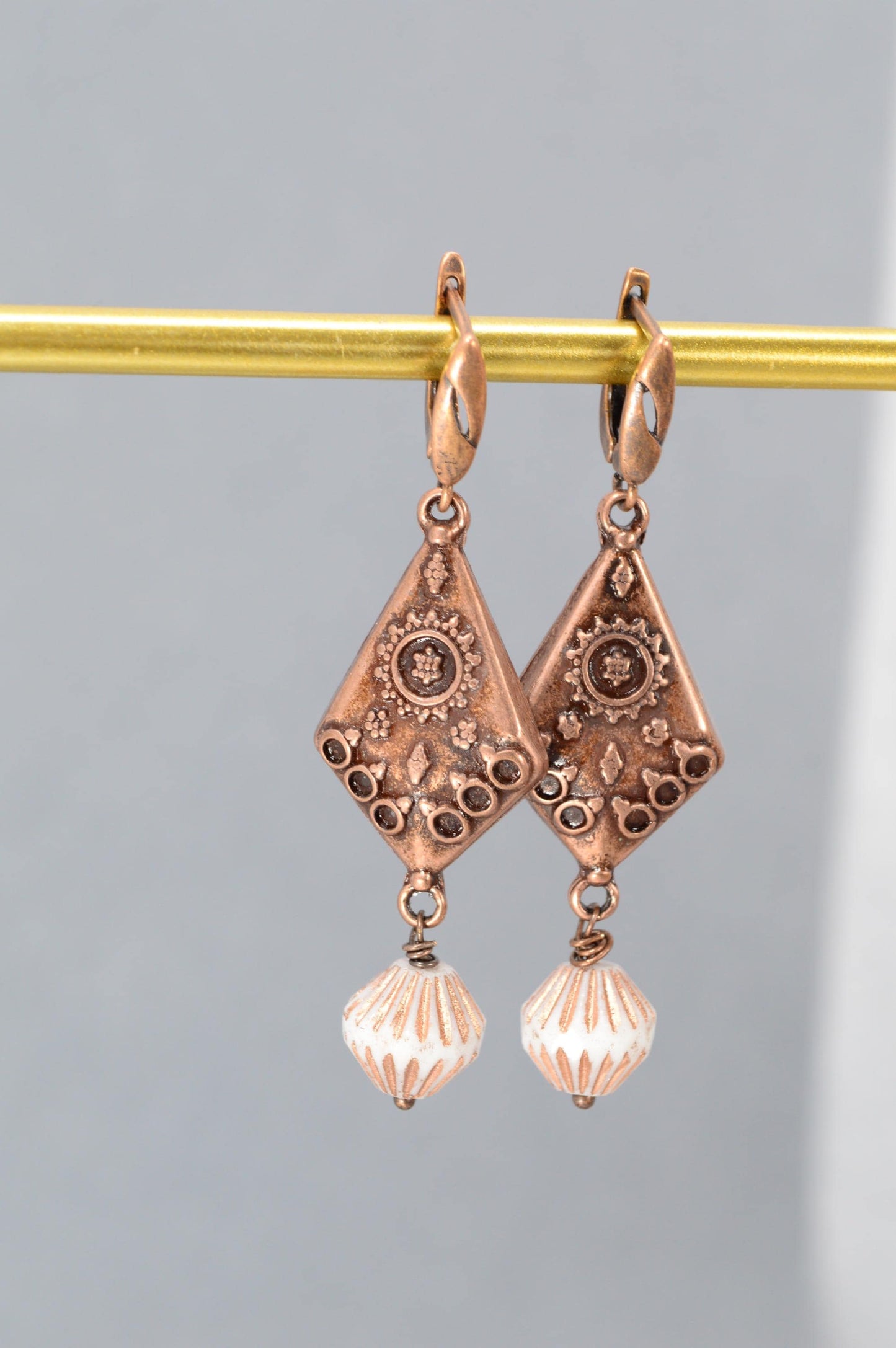 NEW *** Vintage Ethnic Bronze Earrings – Handmade Boho Jewelry with Glass Beads. Estibela unique design. 6cm - 2.4"