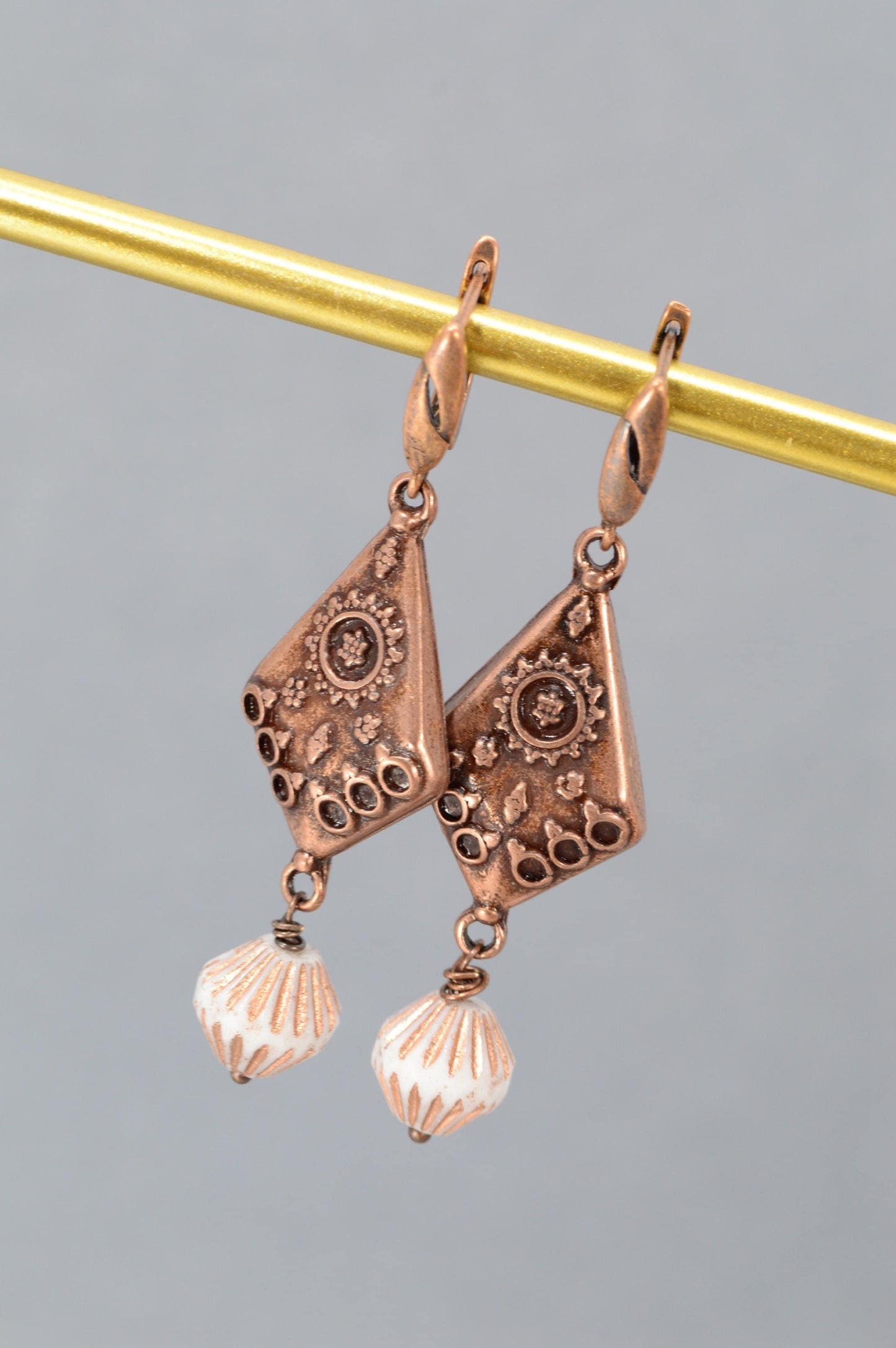 NEW *** Vintage Ethnic Bronze Earrings – Handmade Boho Jewelry with Glass Beads. Estibela unique design. 6cm - 2.4"