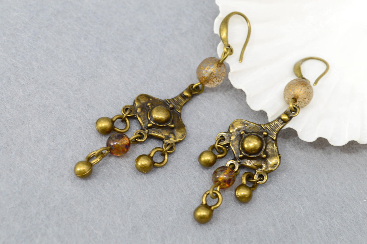 NEW *** Handmade Vintage Style Bronze Earrings – Ethnic Boho Dangle Jewelry with Glass Beads. Estibela unique design. 7cm - 2.75"