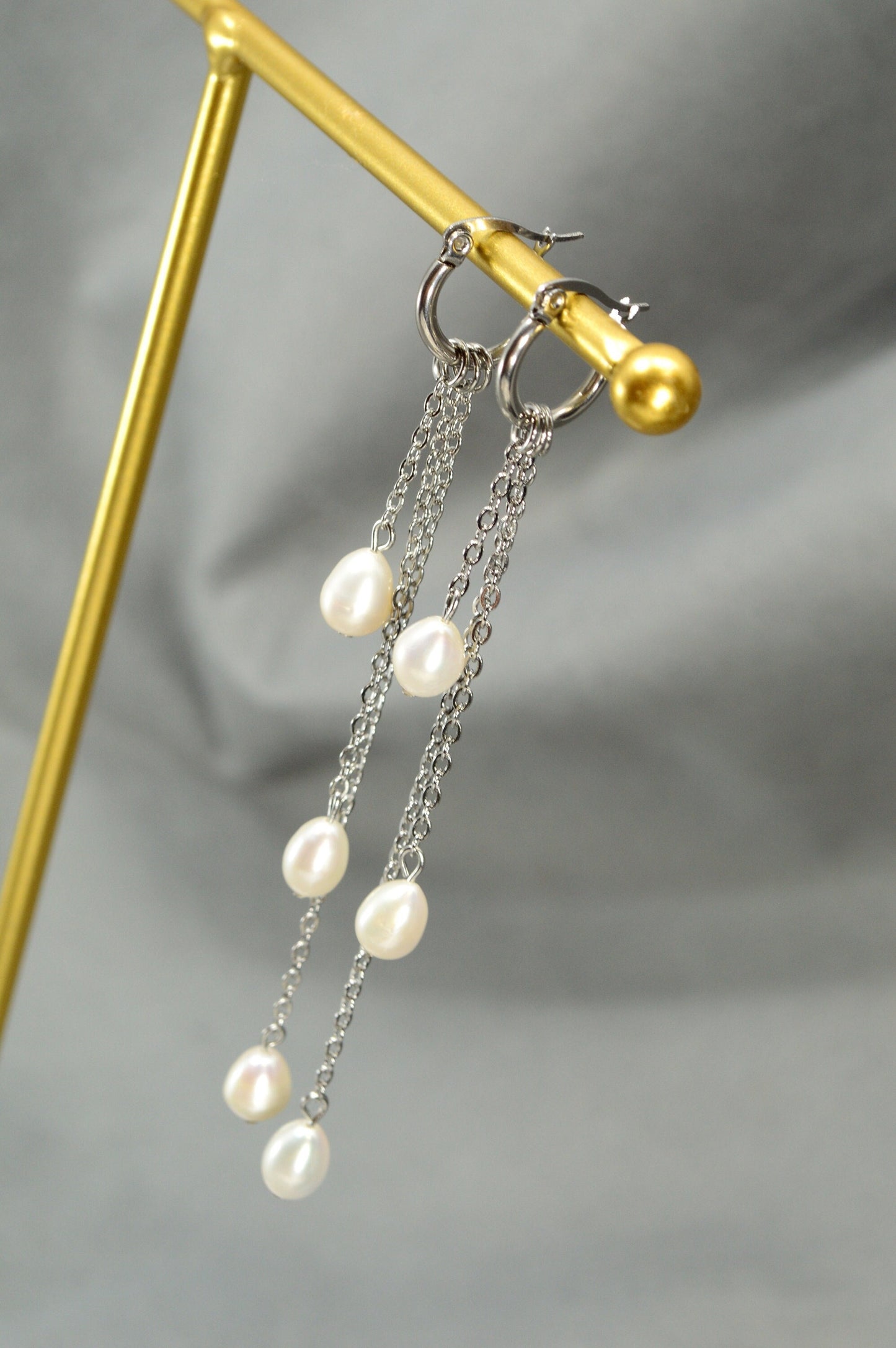 NEW *** Long Ivory Freshwater Pearl & Stainless Steel Earrings, Boho Wedding Jewelry, Estibela Design, 10 cm - 4". , Elegant Cascade Style.